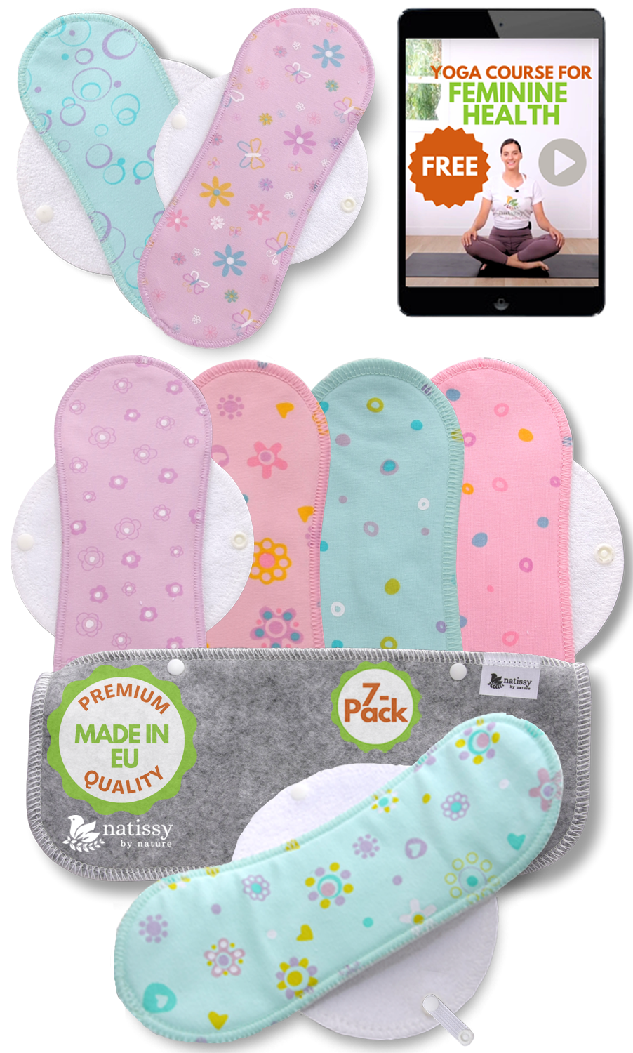 Organic Cotton Reusable Panty Liners with Wings 7-Pack (normal discharge) -  Pastel (white wings)