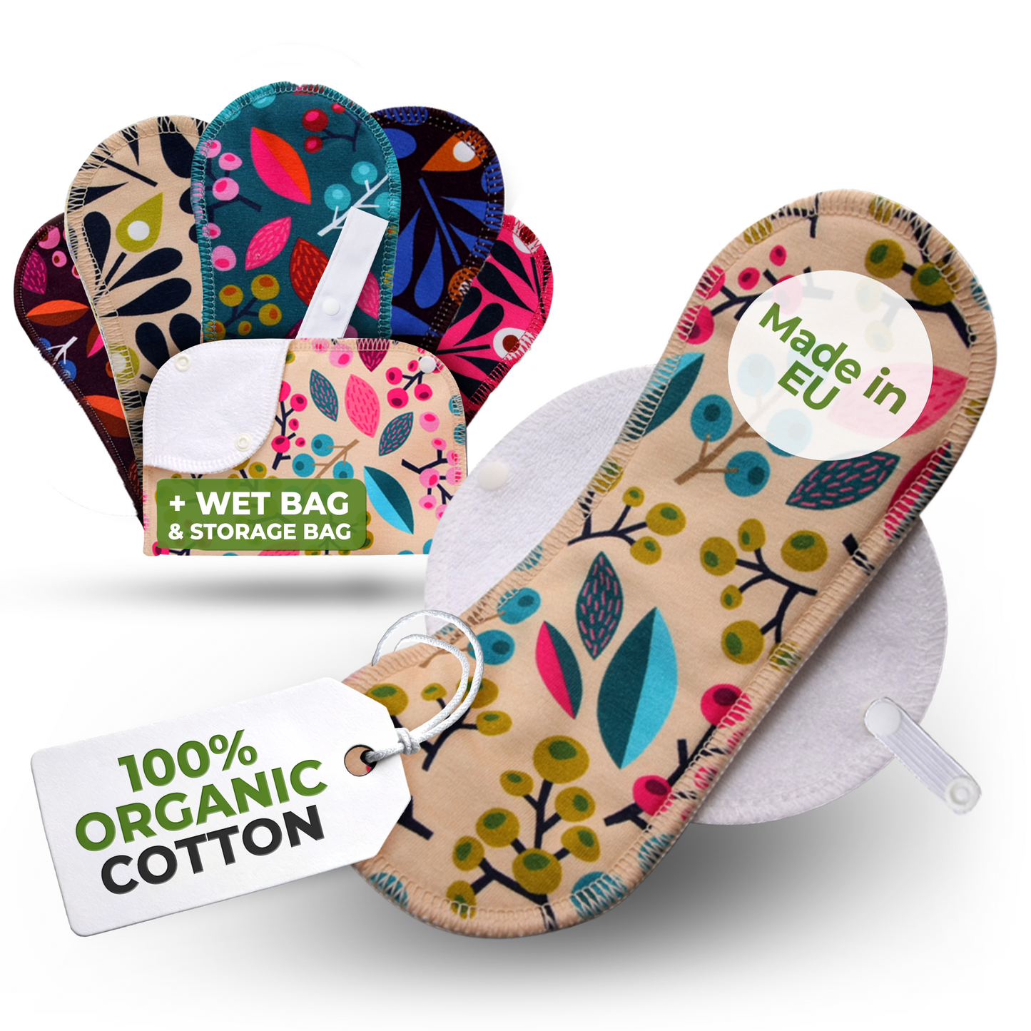Organic Cotton Reusable Menstrual Pads with Wings 6-Pack (Sizes S & M) - Grapes & Peacock (white wings)