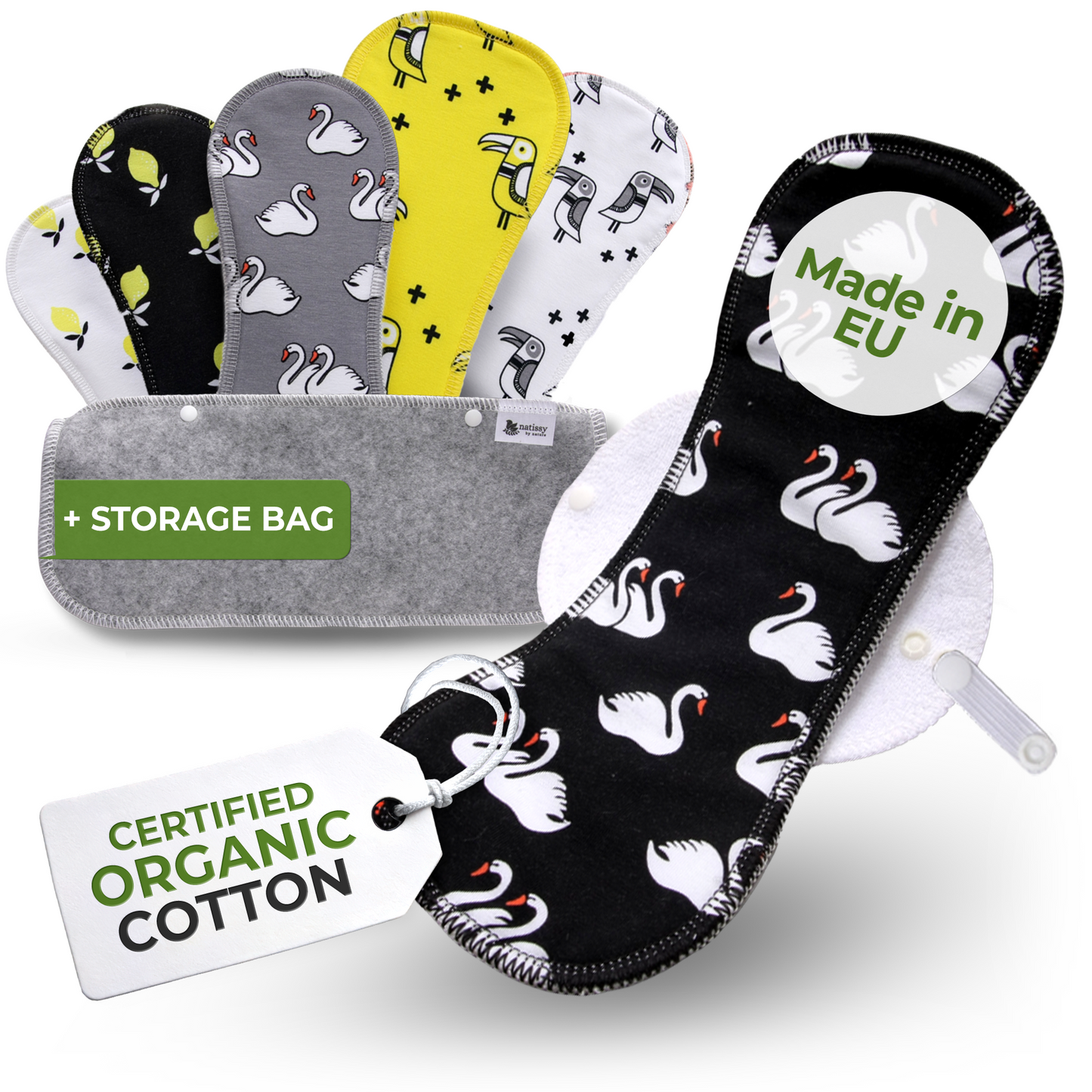 Organic Cotton Reusable Menstrual Pads with Wings 6-Pack (Sizes L & XL) - Lemons (white wings)
