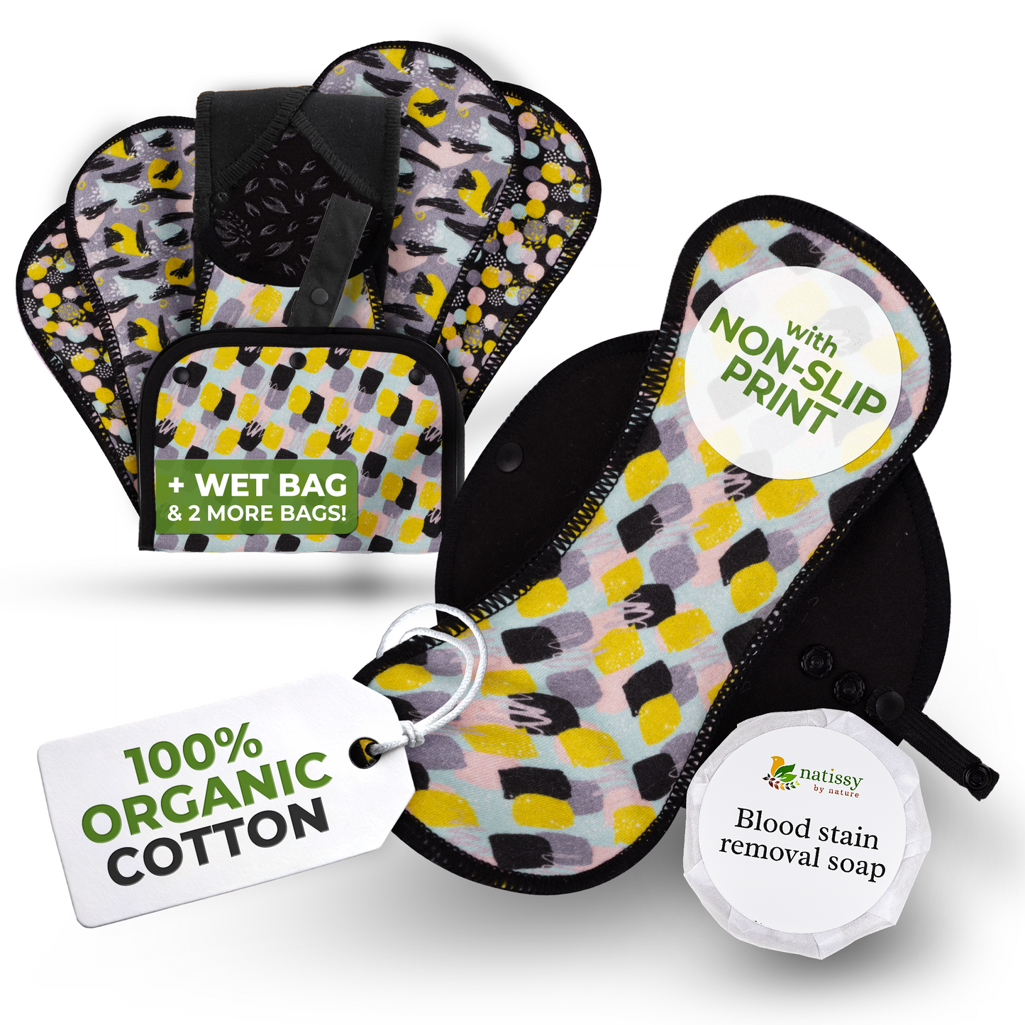Non-Slip Organic Reusable Period Pads for Light Flow (S+M, 6-Pack) - Instinct