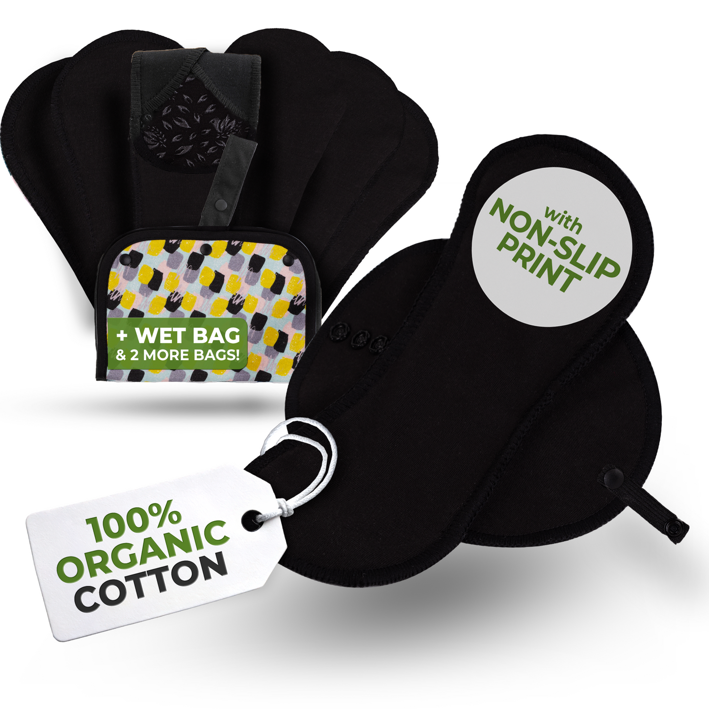 Non-Slip Organic Reusable Panty Liners for Women & Teens (Medium, 7-Pack) - Plain Black