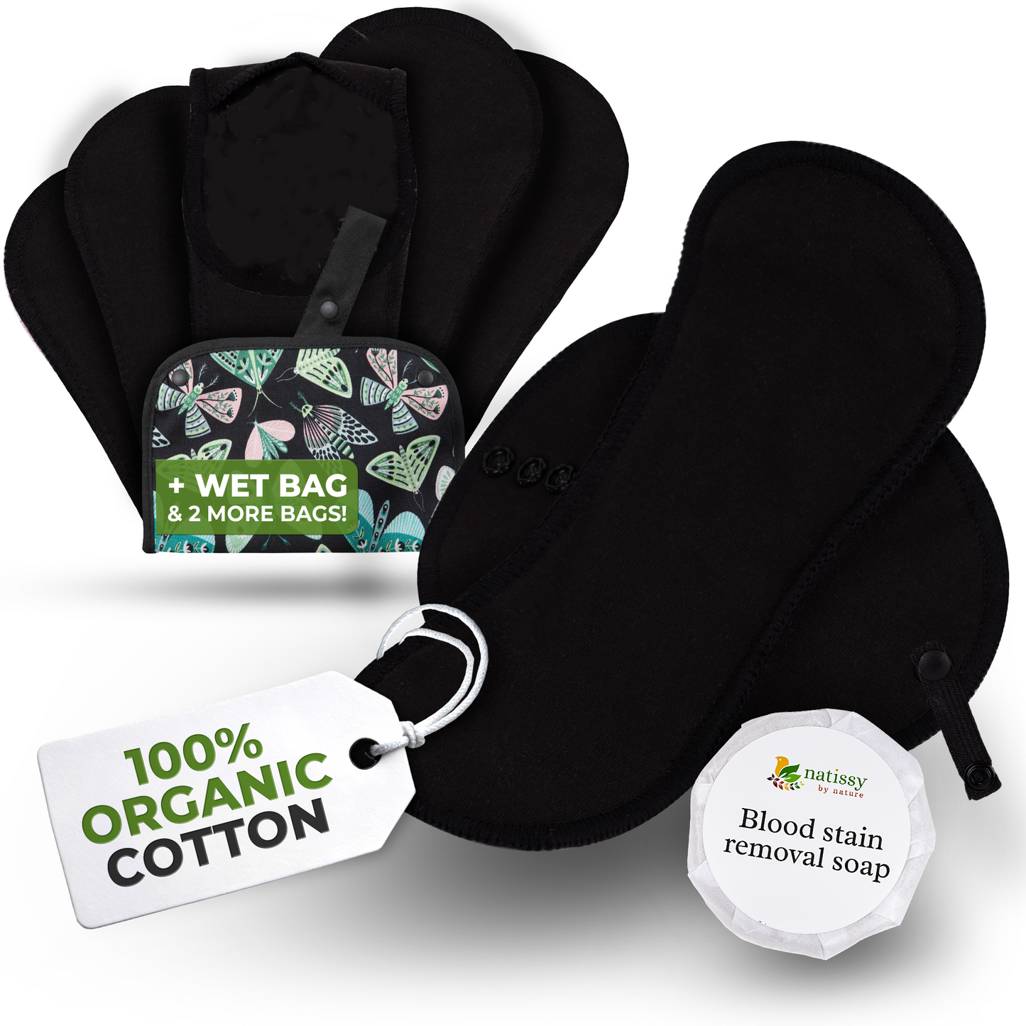 Organic Cotton EcoComfort Reusable Period Pads for Heavy Flow & Incontinence (L+XL, 6-Pack) - Plain Black