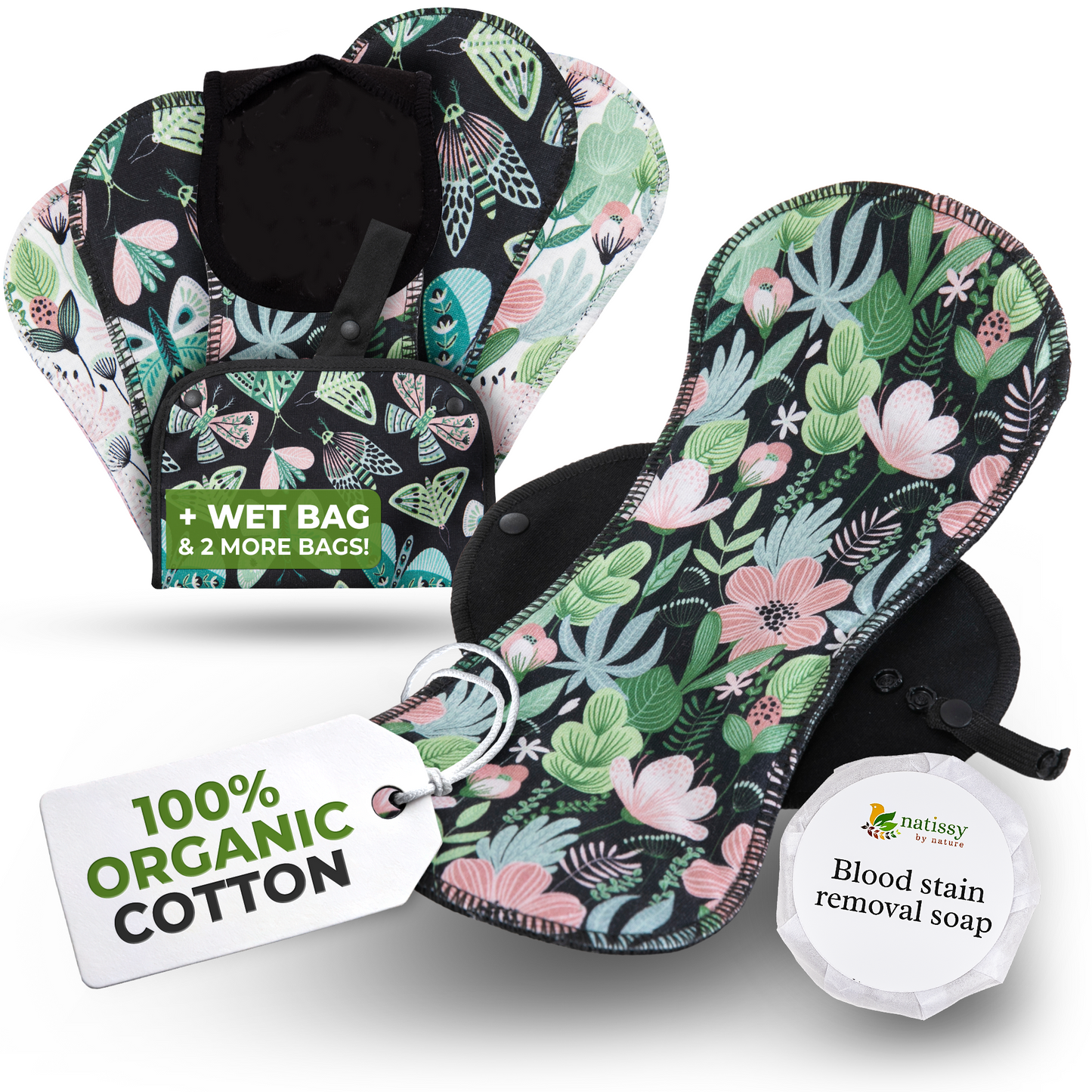 Organic Cotton EcoComfort Reusable Period Pads for Heavy Flow & Incontinence (L+XL, 6-Pack) - Evergreen