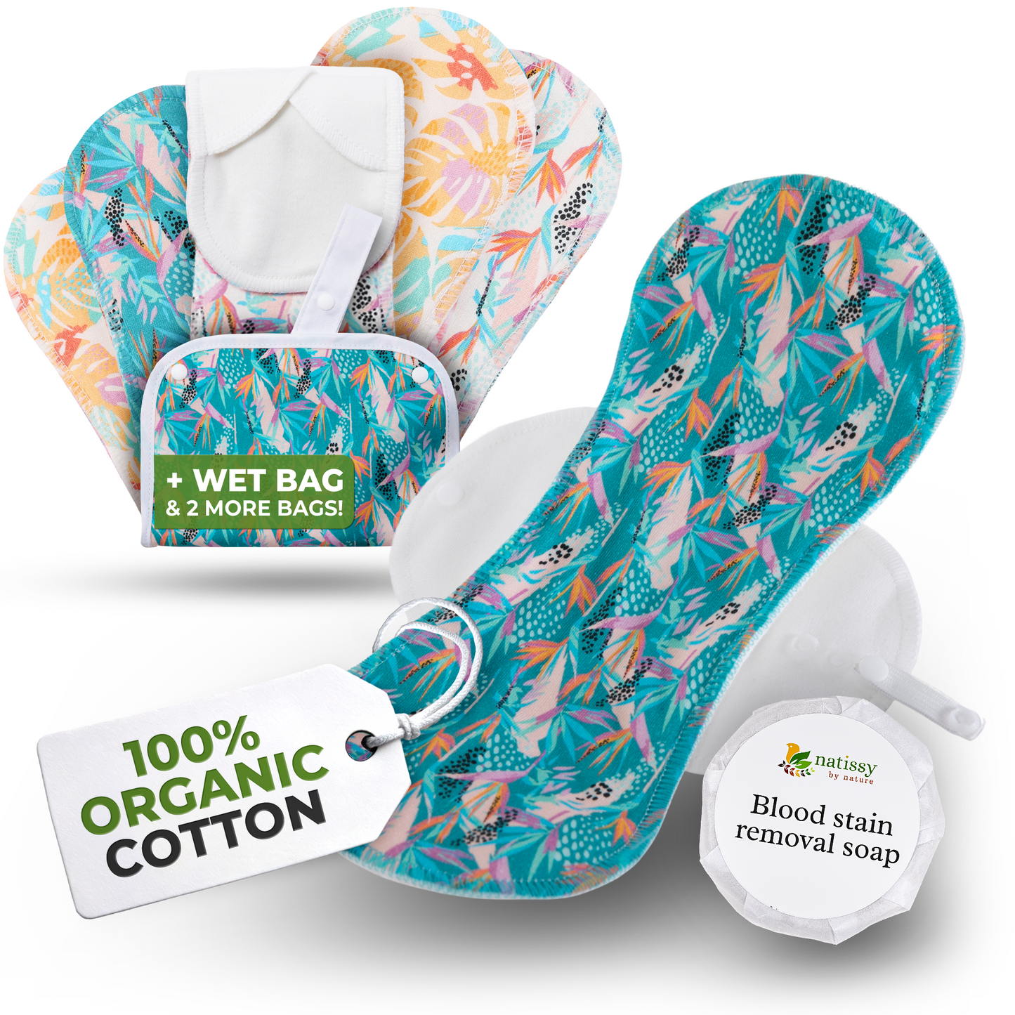 Organic Cotton EcoComfort Reusable Period Pads for Heavy Flow & Incontinence (L+XL, 6-Pack) - Monstera