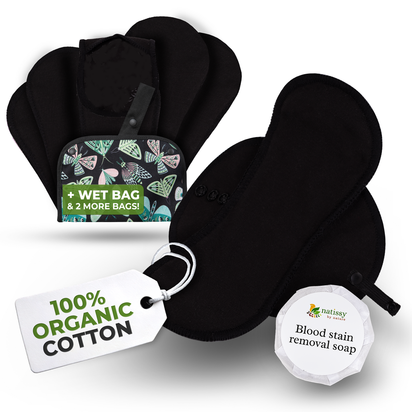 Organic Cotton EcoComfort Reusable Period Pads for Light Flow (S+M, 6-Pack) - Plain Black