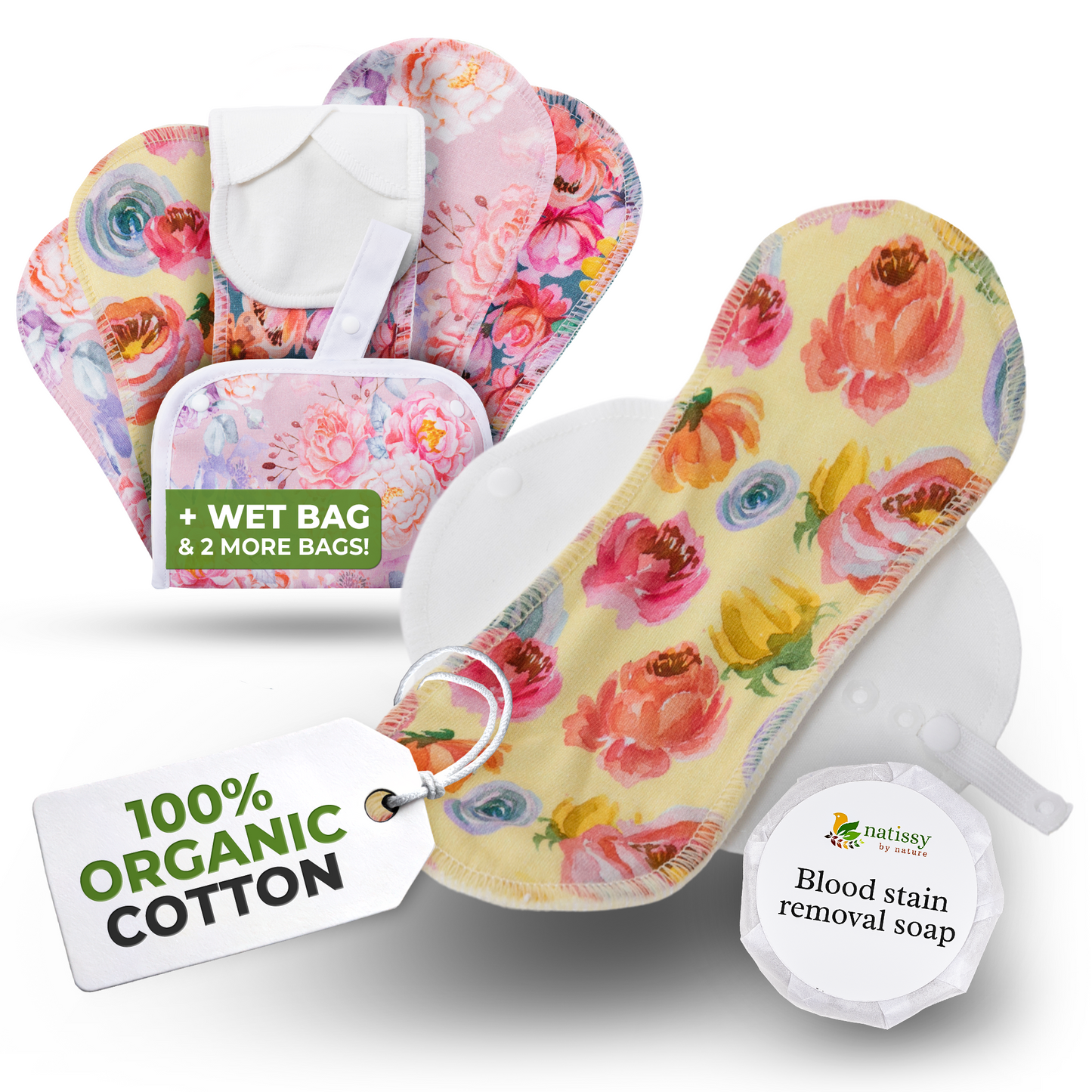 Organic Cotton EcoComfort Reusable Period Pads for Light Flow (S+M, 6-Pack) - Blossom