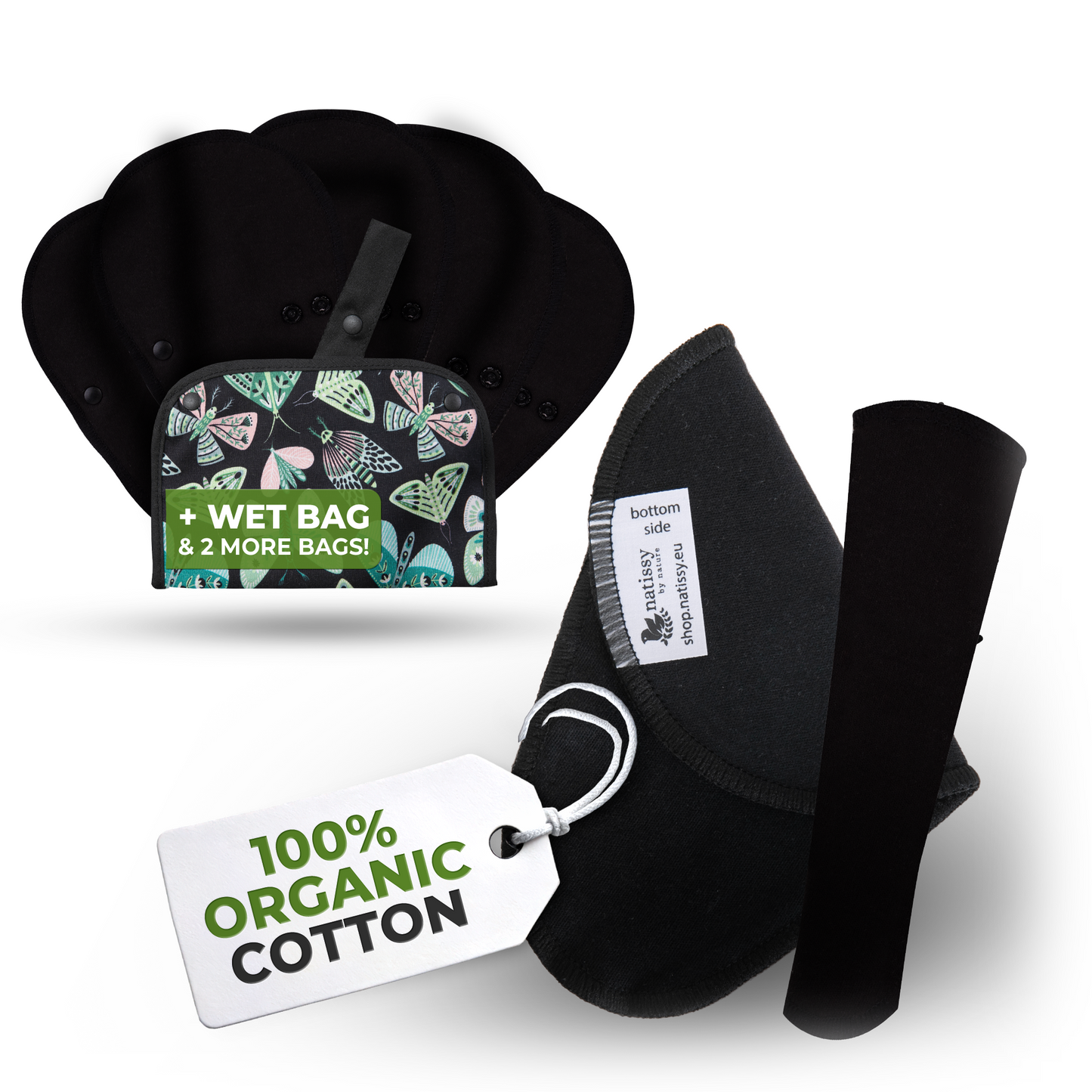 Organic Cotton EcoComfort Reusable Panty Liners for Women & Teens (Tanga, 7-Pack) - Plain Black