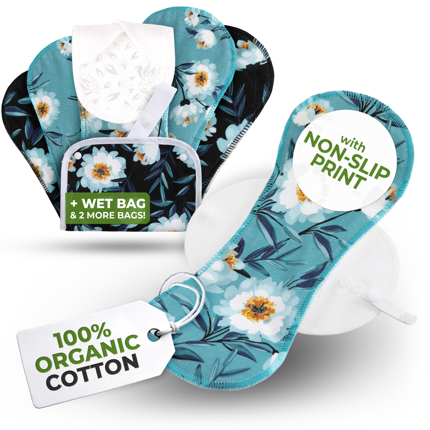 Non-Slip Reusable Incontinence Pads for Bladder Control (L+XL: 6-Pack) - Midnight Bloom