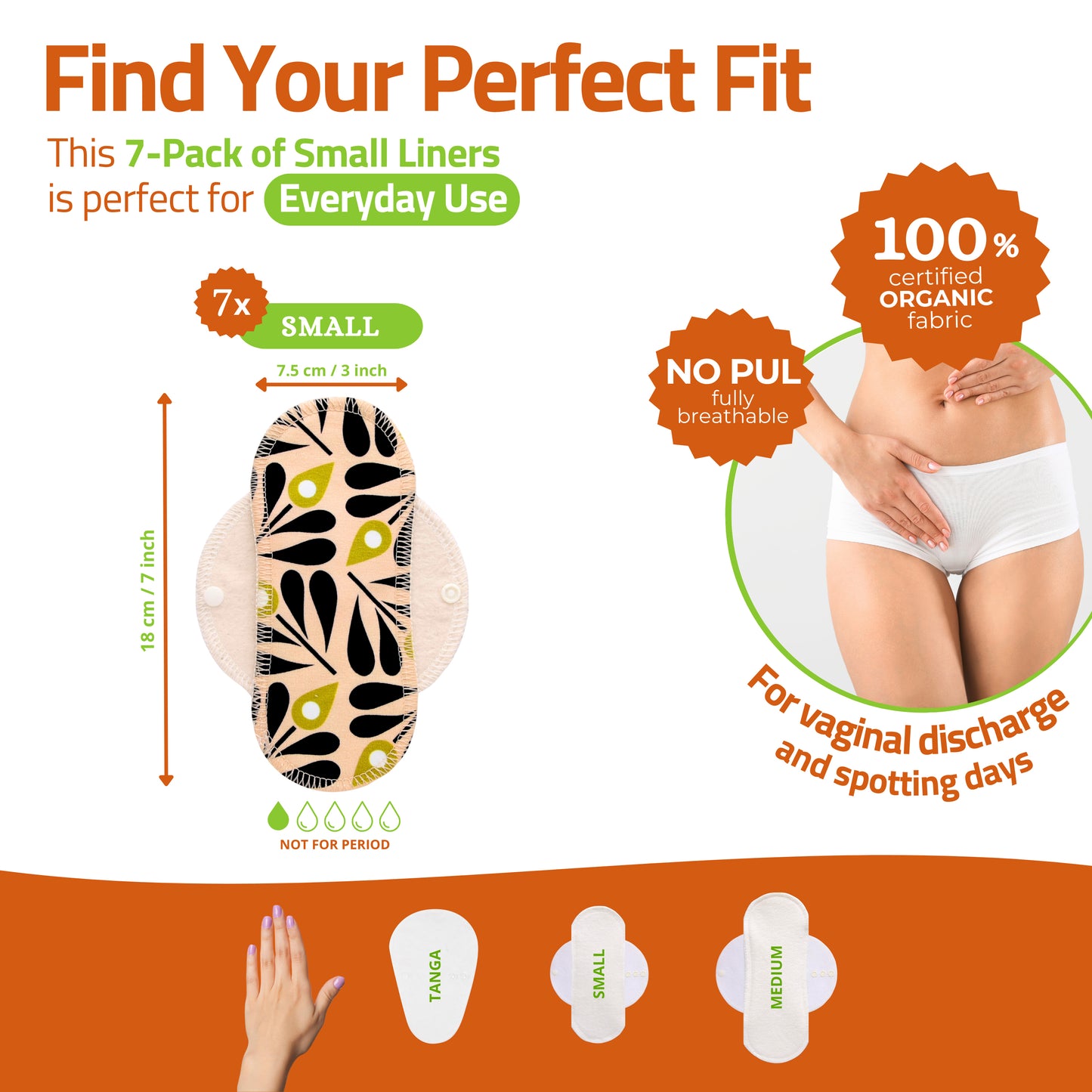 Organic Cotton Reusable Panty Liners with Wings 7-Pack (normal discharge) - Cheetah (black wings)