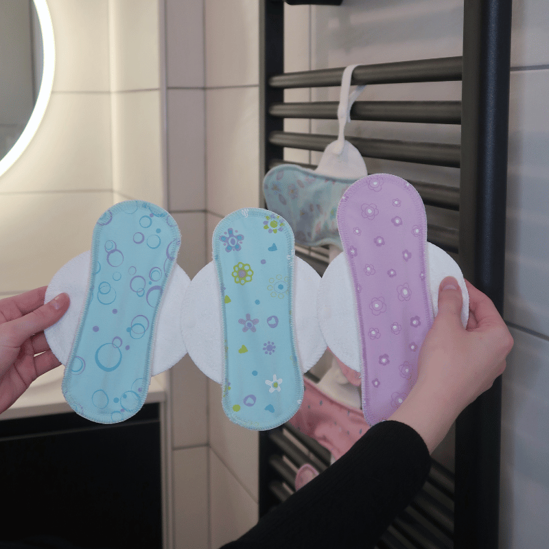 Organic Cotton Reusable Menstrual Pads with Wings 6-Pack (Sizes S & M) - Grapes & Peacock (black wings)