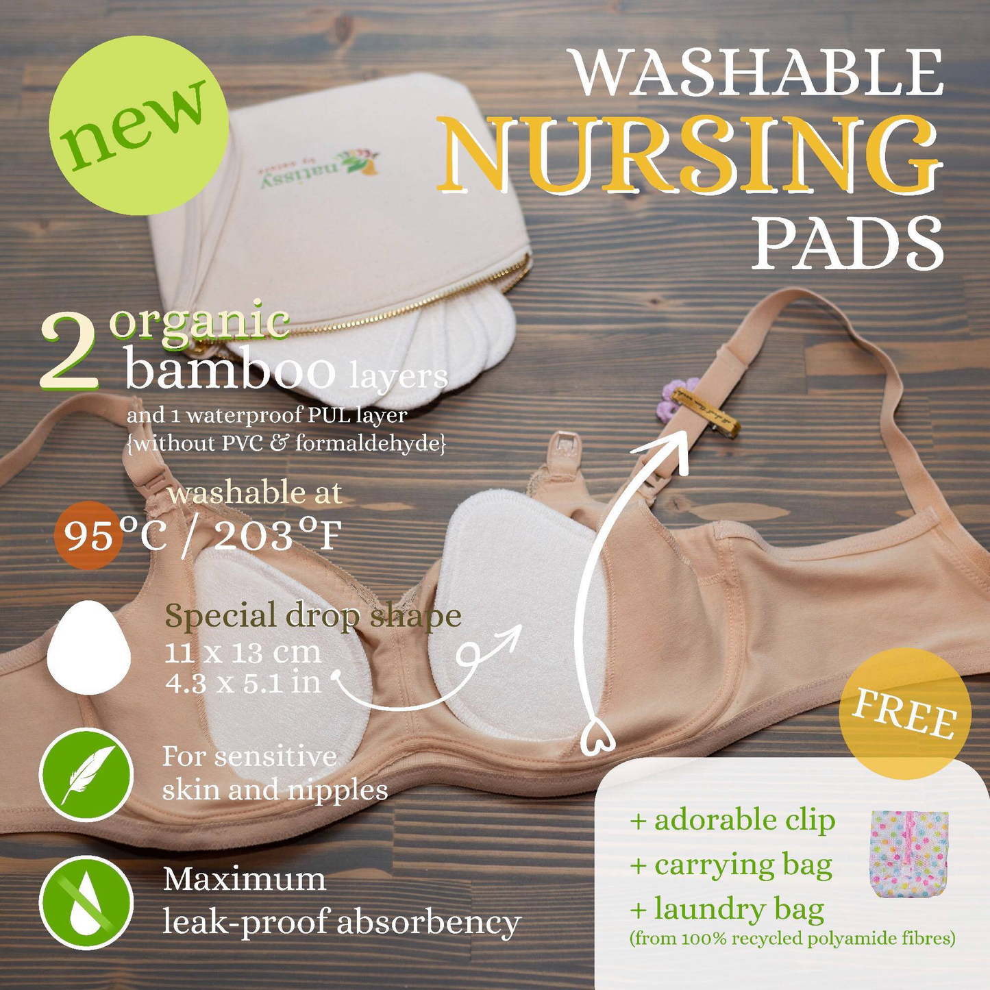 Washable Bamboo Nursing Breast Pads, 14-Pack of Soft Reusable Breastfeeding Pads; Eco Friendly Leak Proof Nipple Cloth for Mothers with Sensitive Skin; Laundry & Storage bags + Clip; Baby Shower Gift