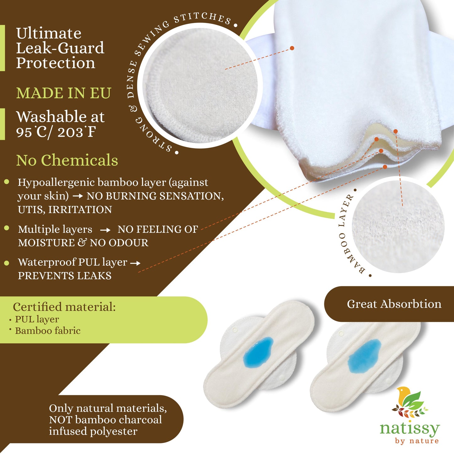 Reusable Menstrual Pads, 6-Pack Bamboo Reusable Sanitary Towels with Wings (size S & M), MADE IN EU, for Menstrual Periods and Incontinence; EXTRA Double Wet Bag with Strap; Washable Menstrual Cloth