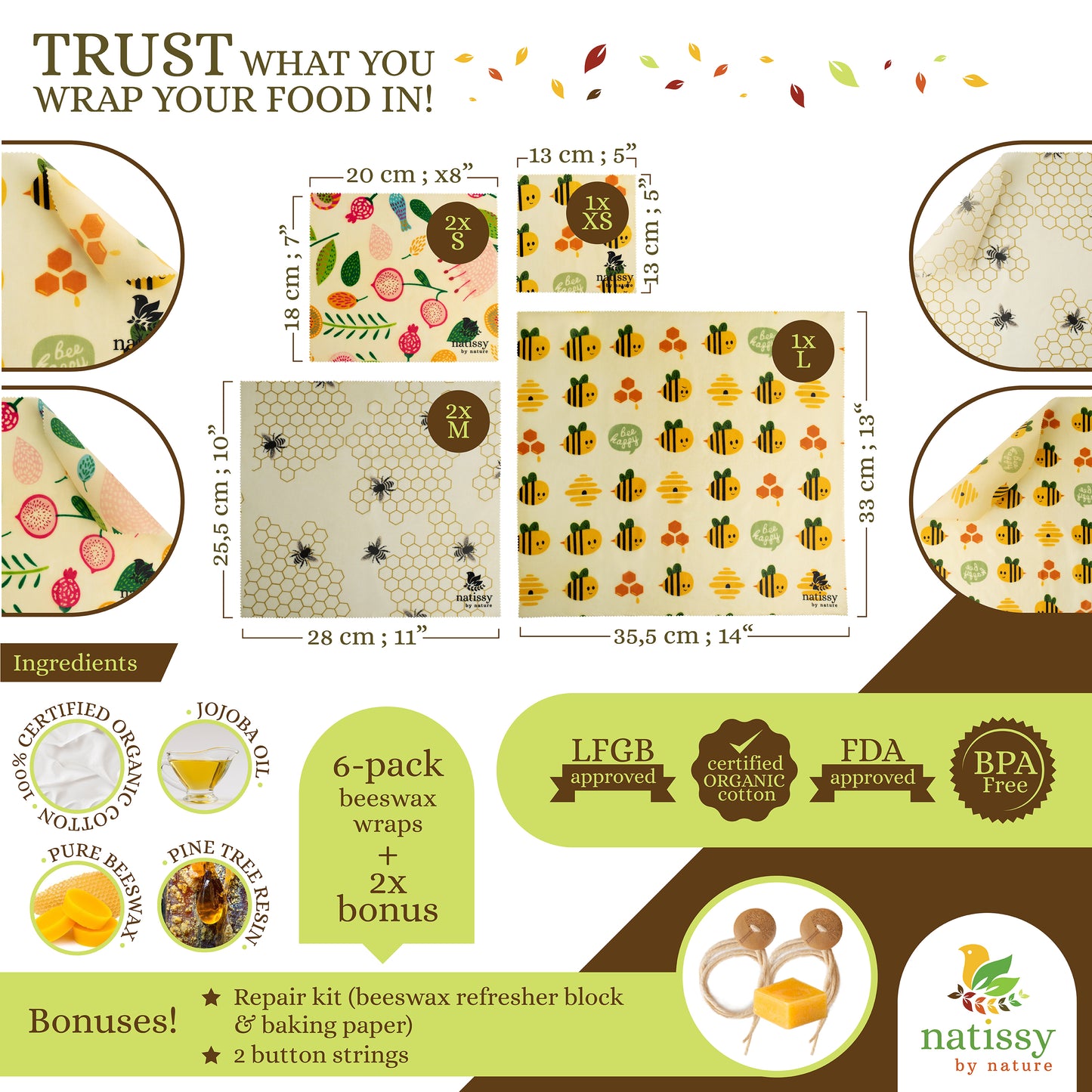 Beeswax Wraps, Set of 6 Reusable Organic Waxed Food Storage Cloths, Sustainable Plastic Free Bowl Cover & Eco-Friendly Wax Sandwich Wrapper, Zero Waste Cling Film Alternative for Cheese, Fruits, Bread