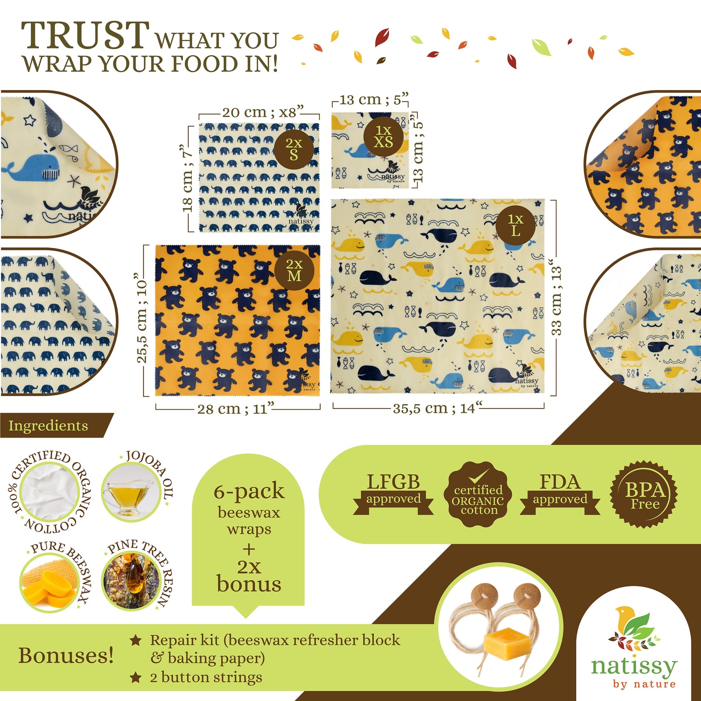 Beeswax Wraps, Set of 6 Reusable Organic Waxed Food Storage Cloths, Sustainable Plastic Free Bowl Cover & Eco-Friendly Wax Sandwich Wrapper, Zero Waste Cling Film Alternative for Cheese, Fruits, Bread
