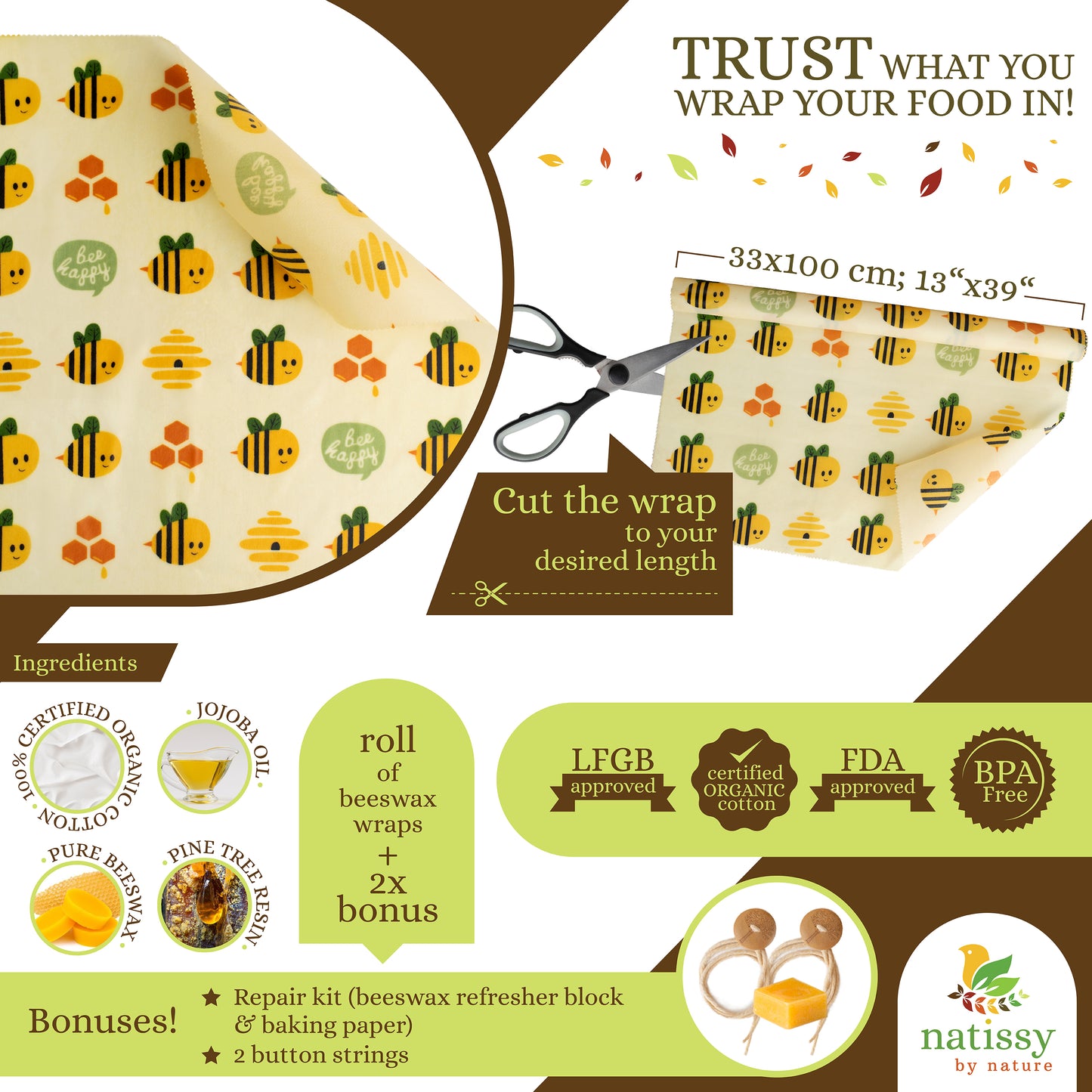 Beeswax Wraps, 1 Meter Roll of Reusable Organic Waxed Food Storage Cloth, Sustainable Plastic Free Bowl Cover & Eco-Friendly Wax Sandwich Wrapper, Zero Waste Cling Film Alternative for Cheese, Fruits