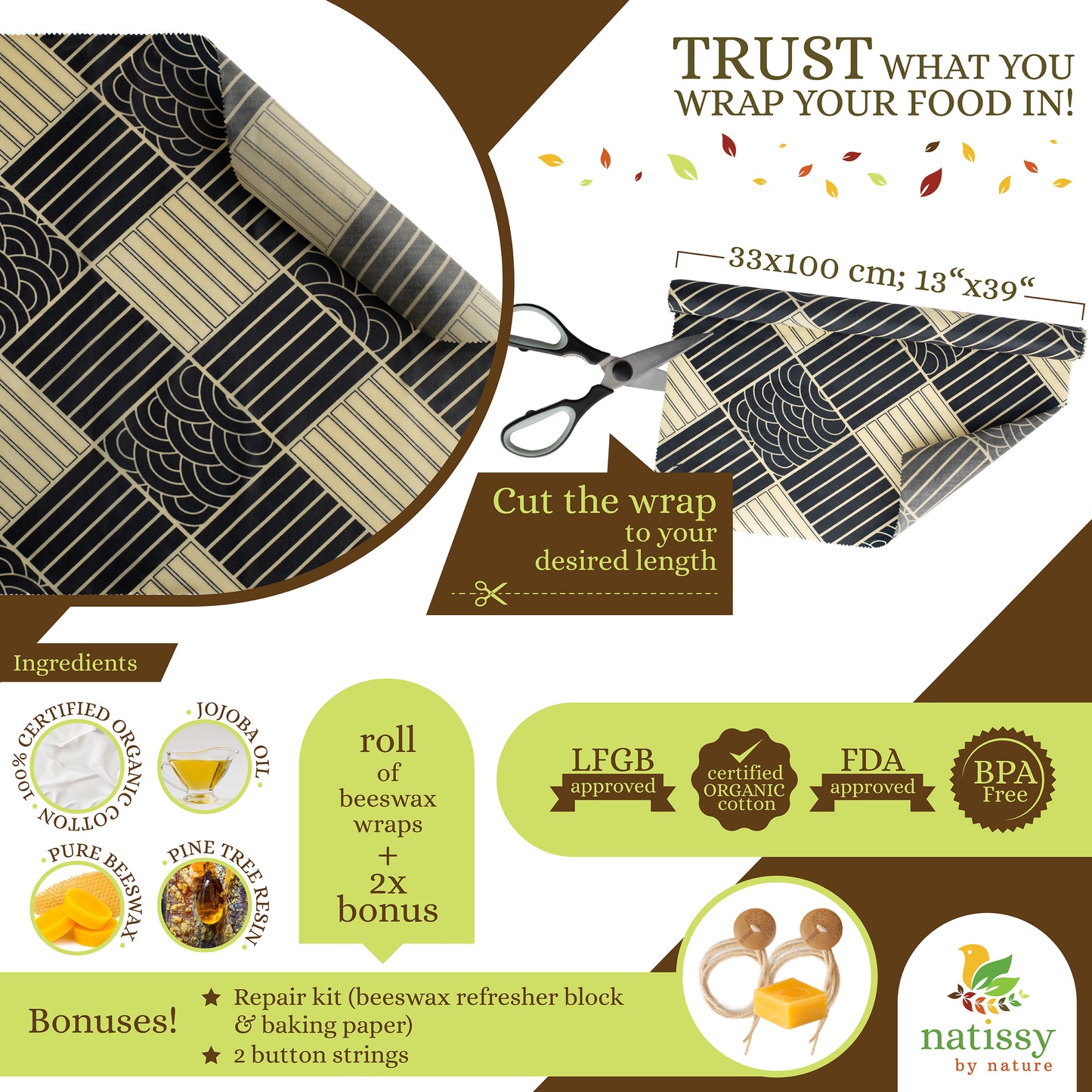 Beeswax Wraps, 1 Meter Roll of Reusable Organic Waxed Food Storage Cloth, Sustainable Plastic Free Bowl Cover & Eco-Friendly Wax Sandwich Wrapper, Zero Waste Cling Film Alternative for Cheese, Fruits