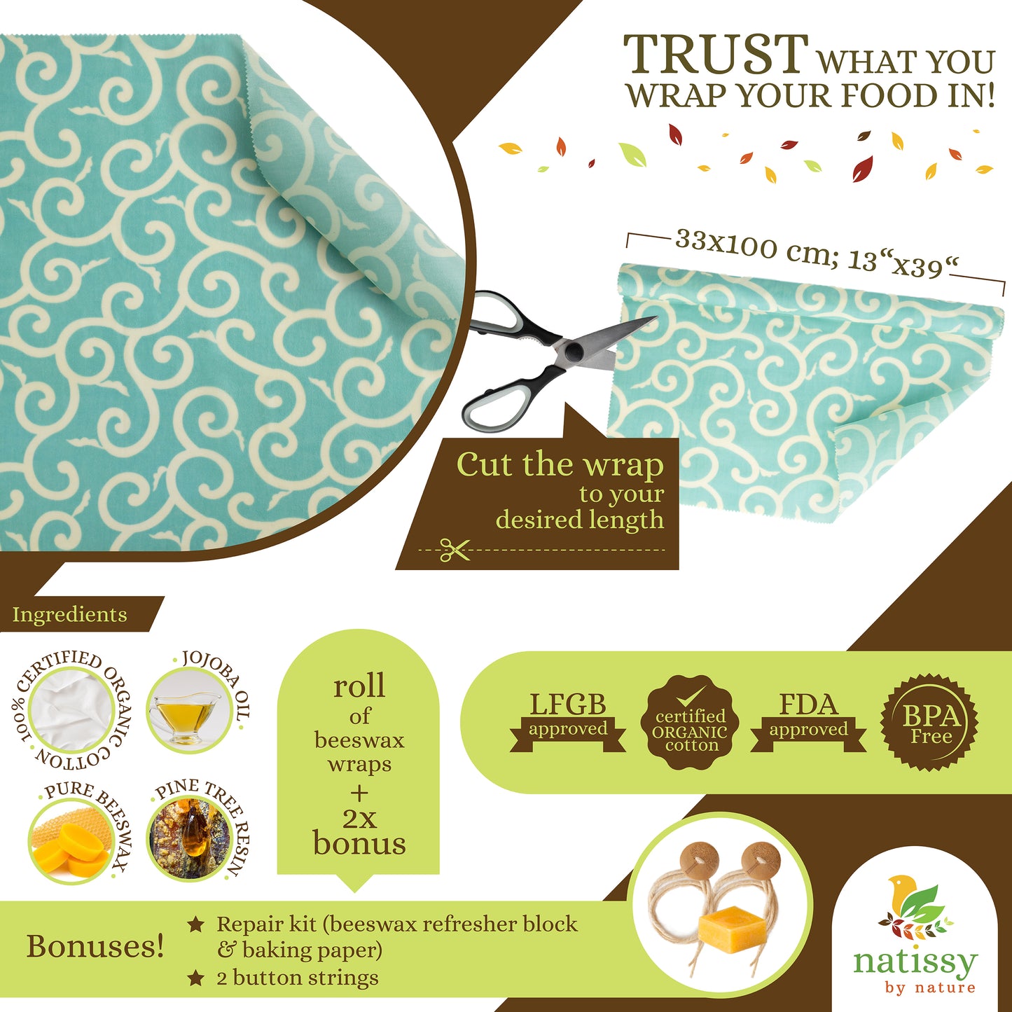 Beeswax Wraps, 1 Meter Roll of Reusable Organic Waxed Food Storage Cloth, Sustainable Plastic Free Bowl Cover & Eco-Friendly Wax Sandwich Wrapper, Zero Waste Cling Film Alternative for Cheese, Fruits