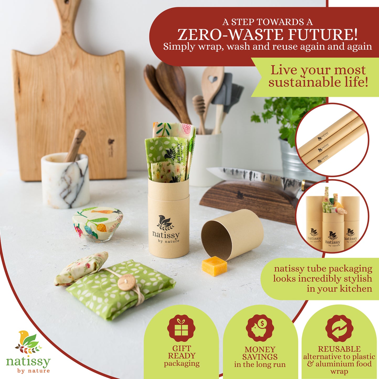 Beeswax Wraps, 1 Meter Roll of Reusable Organic Waxed Food Storage Cloth, Sustainable Plastic Free Bowl Cover & Eco-Friendly Wax Sandwich Wrapper, Zero Waste Cling Film Alternative for Cheese, Fruits
