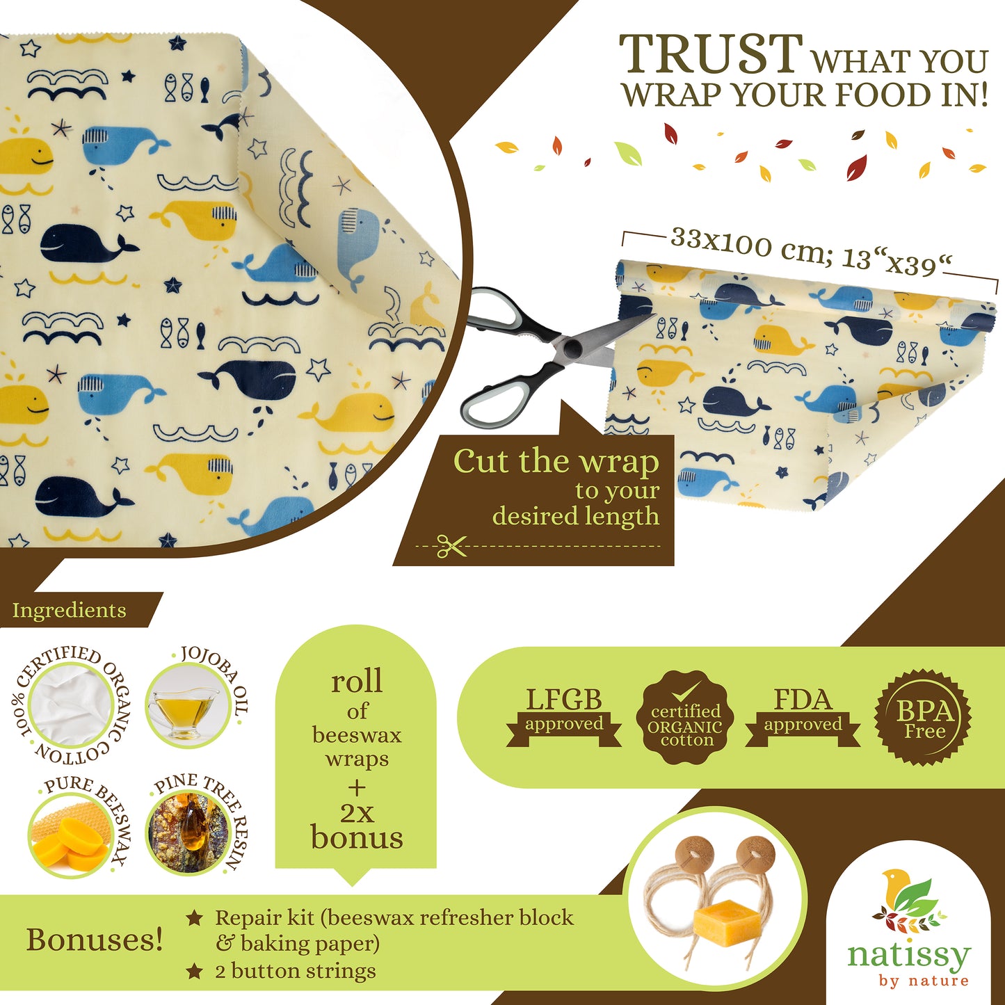 Beeswax Wraps, 1 Meter Roll of Reusable Organic Waxed Food Storage Cloth, Sustainable Plastic Free Bowl Cover & Eco-Friendly Wax Sandwich Wrapper, Zero Waste Cling Film Alternative for Cheese, Fruits