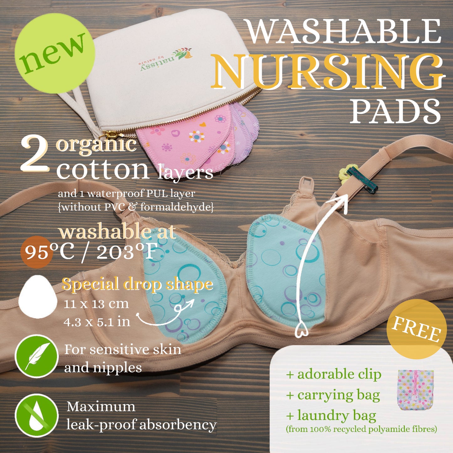 Washable Organic Cotton Nursing Breast Pads, 14-Pack of Soft Reusable Breastfeeding Pads; Eco Friendly Leak Proof Nipple Cloth for Mothers with Sensitive Skin; Laundry & Storage bags; Baby Shower Gift