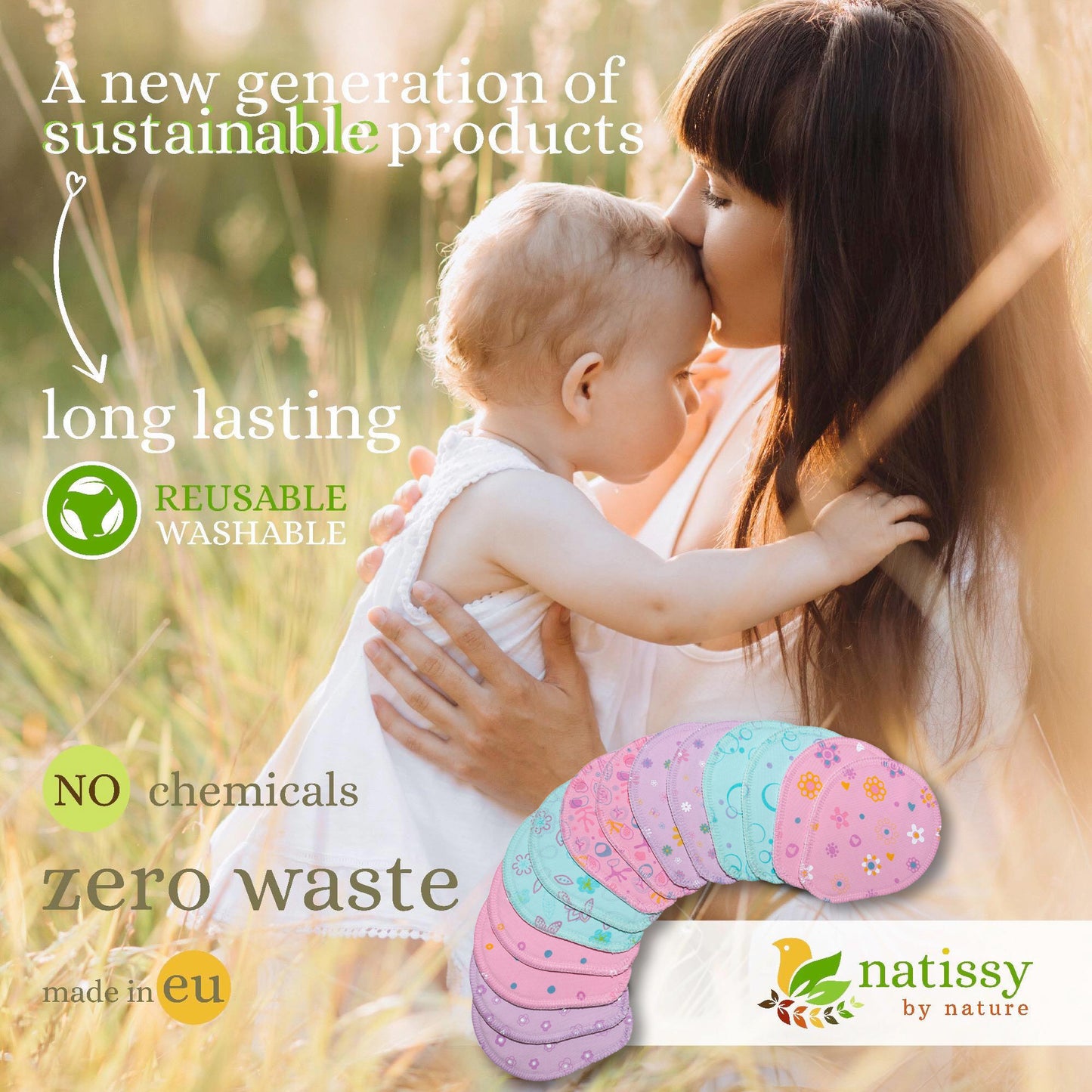 Washable Organic Cotton Nursing Breast Pads, 14-Pack of Soft Reusable Breastfeeding Pads; Eco Friendly Leak Proof Nipple Cloth for Mothers with Sensitive Skin; Laundry & Storage bags; Baby Shower Gift