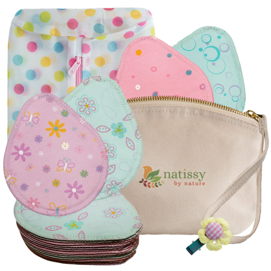 Washable Organic Cotton Nursing Breast Pads, 14-Pack of Soft Reusable Breastfeeding Pads; Eco Friendly Leak Proof Nipple Cloth for Mothers with Sensitive Skin; Laundry & Storage bags; Baby Shower Gift