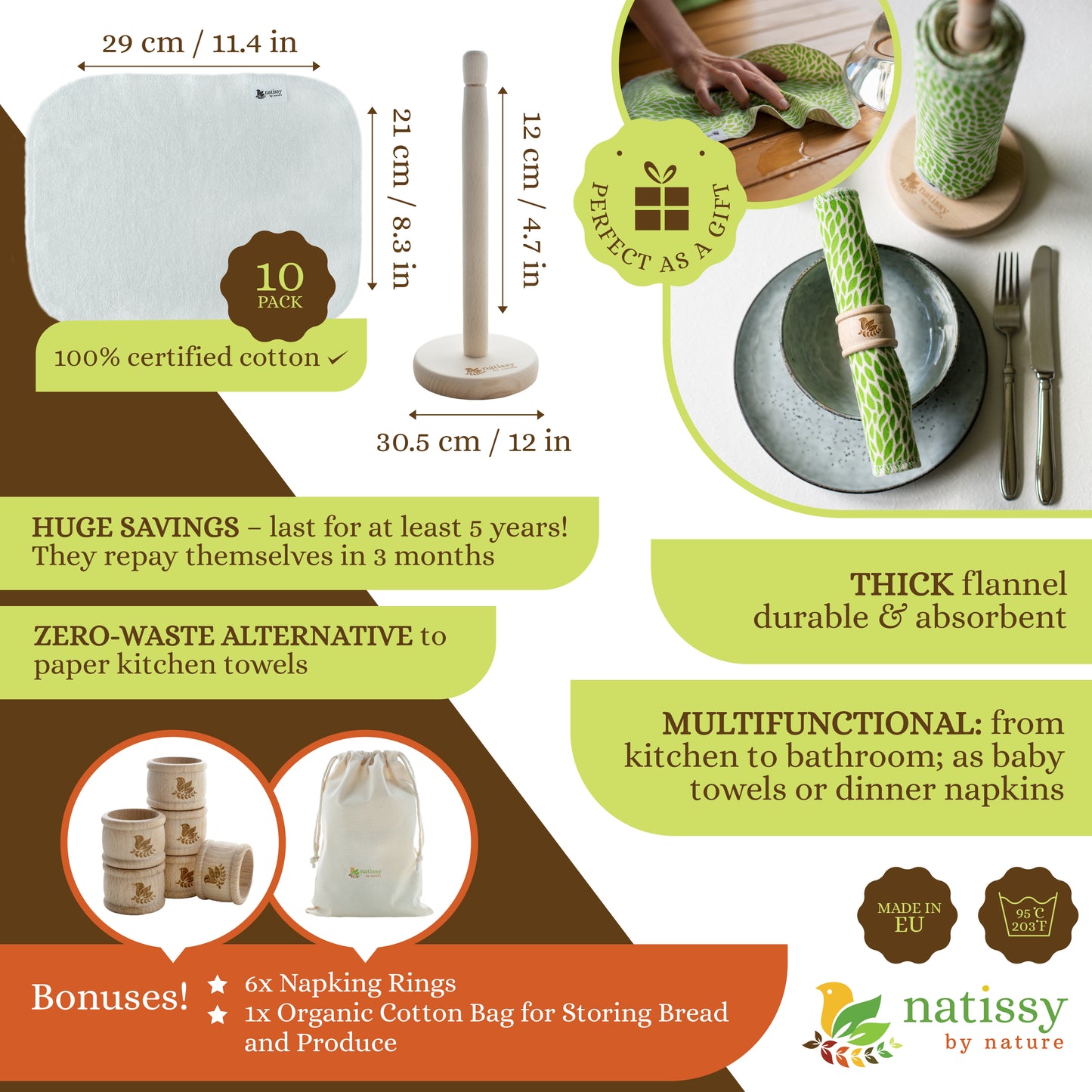 Reusable Unpaper Kitchen Towels, Roll of 10 Washable Bamboo Cloth Wipes MADE IN EU, Eco-Friendly Paper Towel Cleaning Alternative; Ultra Absorbent, Super Strong, Tear-Resistant & Multipurpose Paperless Replacement