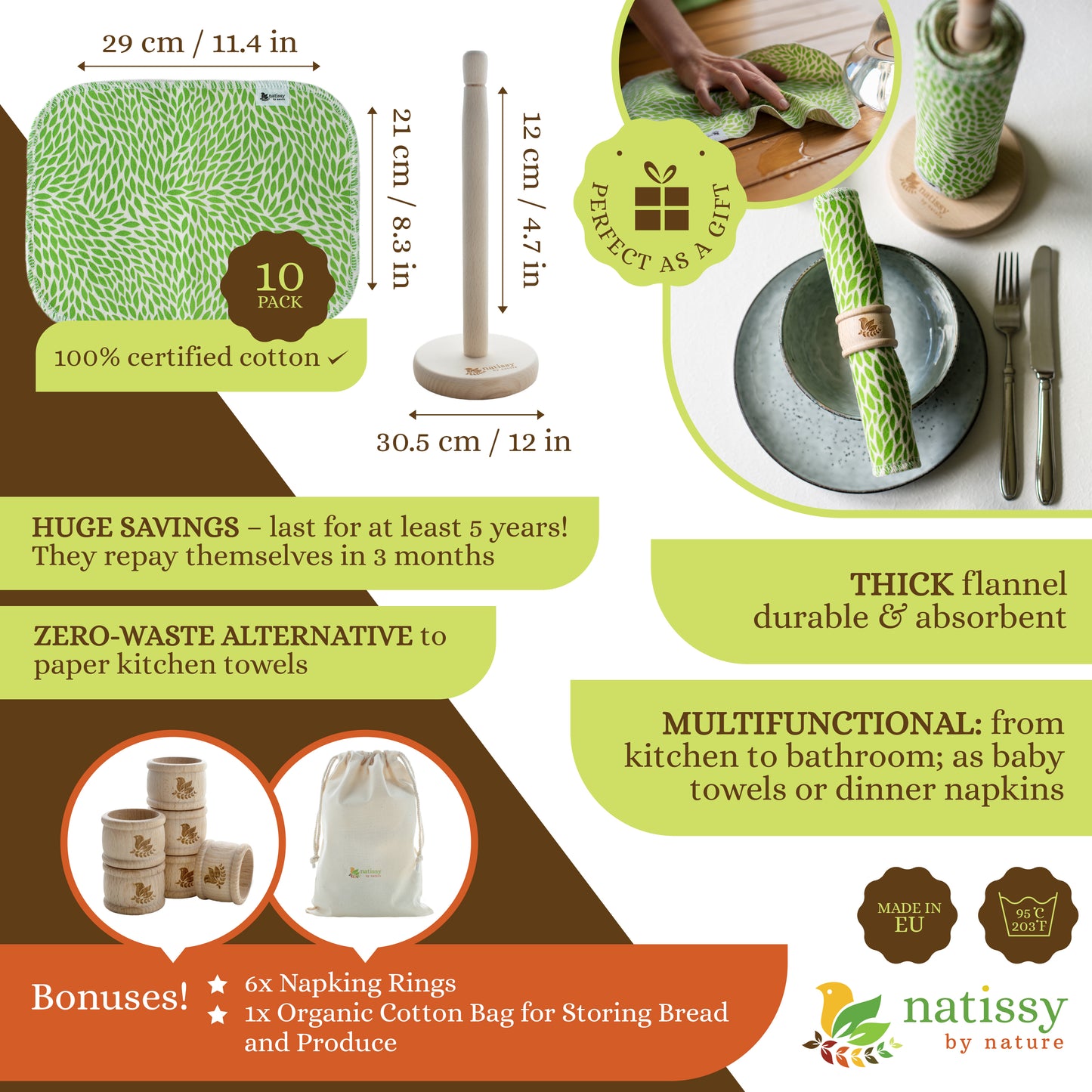 Reusable Unpaper Kitchen Towels, Roll of 10 Washable Cotton Cloth Wipes MADE IN EU, Eco-Friendly Paper Towel Cleaning Alternative; Ultra Absorbent, Super Strong, Tear-Resistant & Multipurpose Paperless Replacement