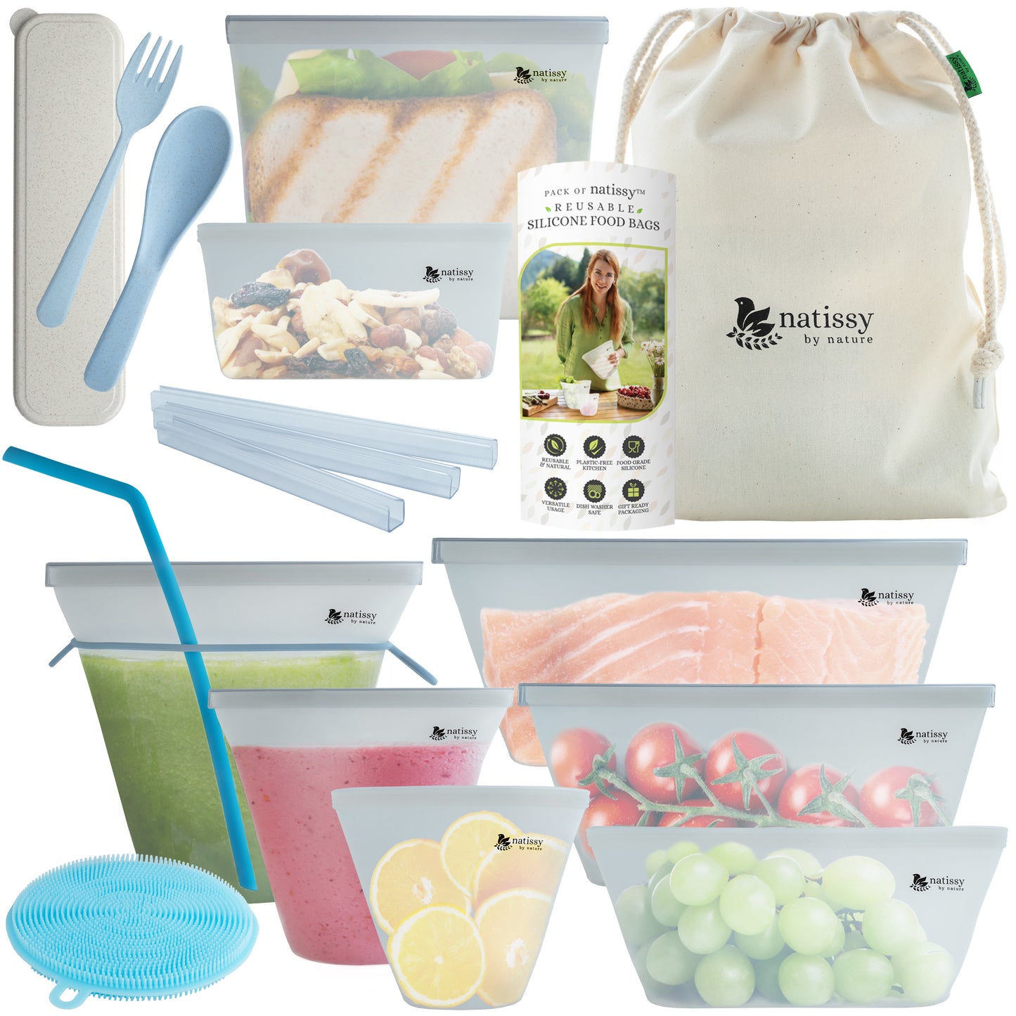 Reusable Silicone Food Storage Bags, 8 Pack Leakproof Silicone Freezer Bags, BPA free, Plastic Free Reusable Ziplock Bags, Reusable Sandwich Bag, Stand Up Silicon Pouch for Snack & Sous Vide Cooking