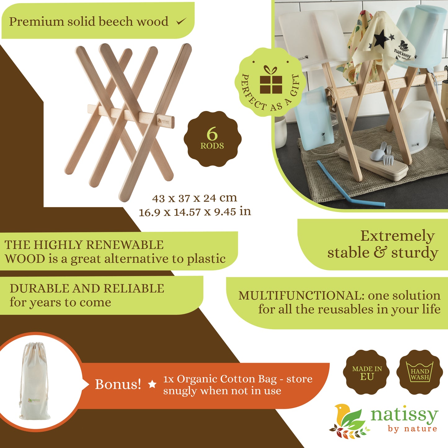 Beech Wood Drying Rack for Reusable Beeswax Food Wraps, Reusable Silicone Food Storage Bags, Washable Unpaper Kitchen Towels