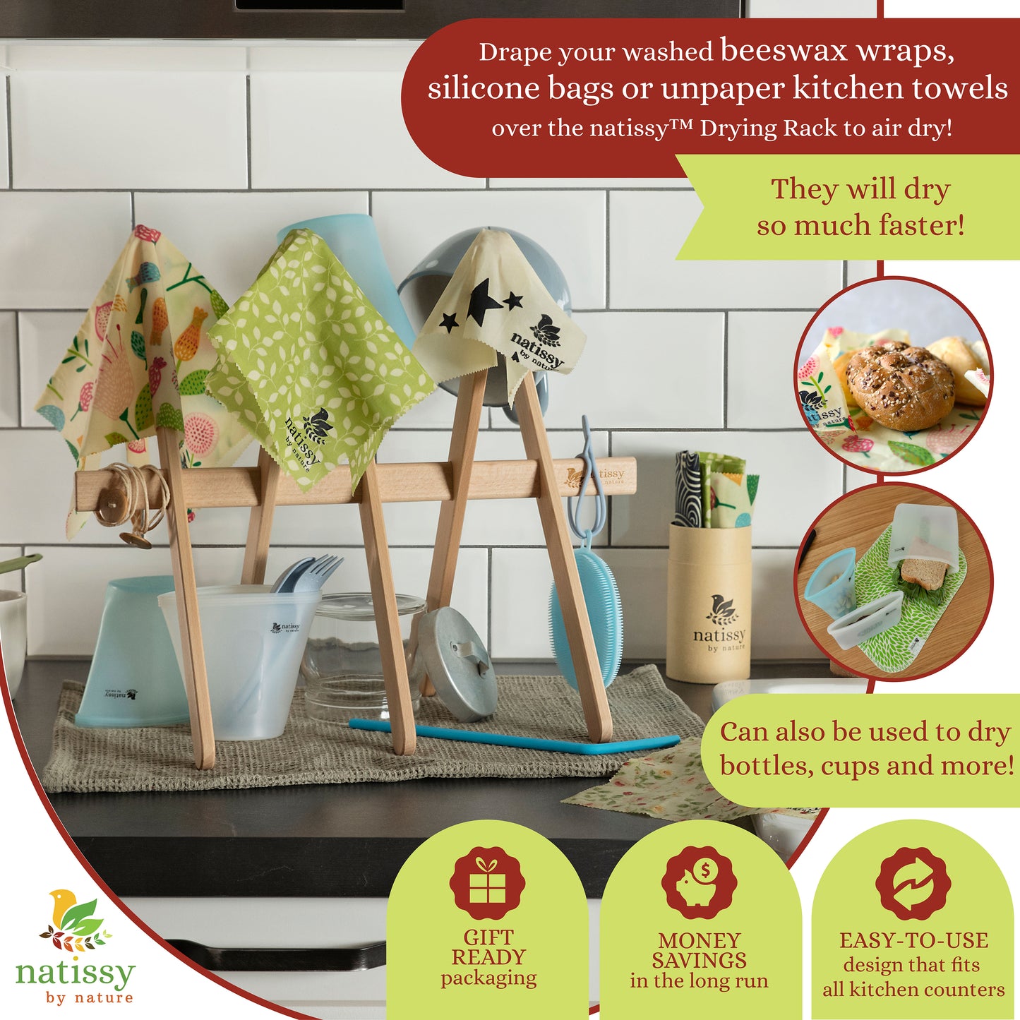 Beech Wood Drying Rack for Reusable Beeswax Food Wraps, Reusable Silicone Food Storage Bags, Washable Unpaper Kitchen Towels