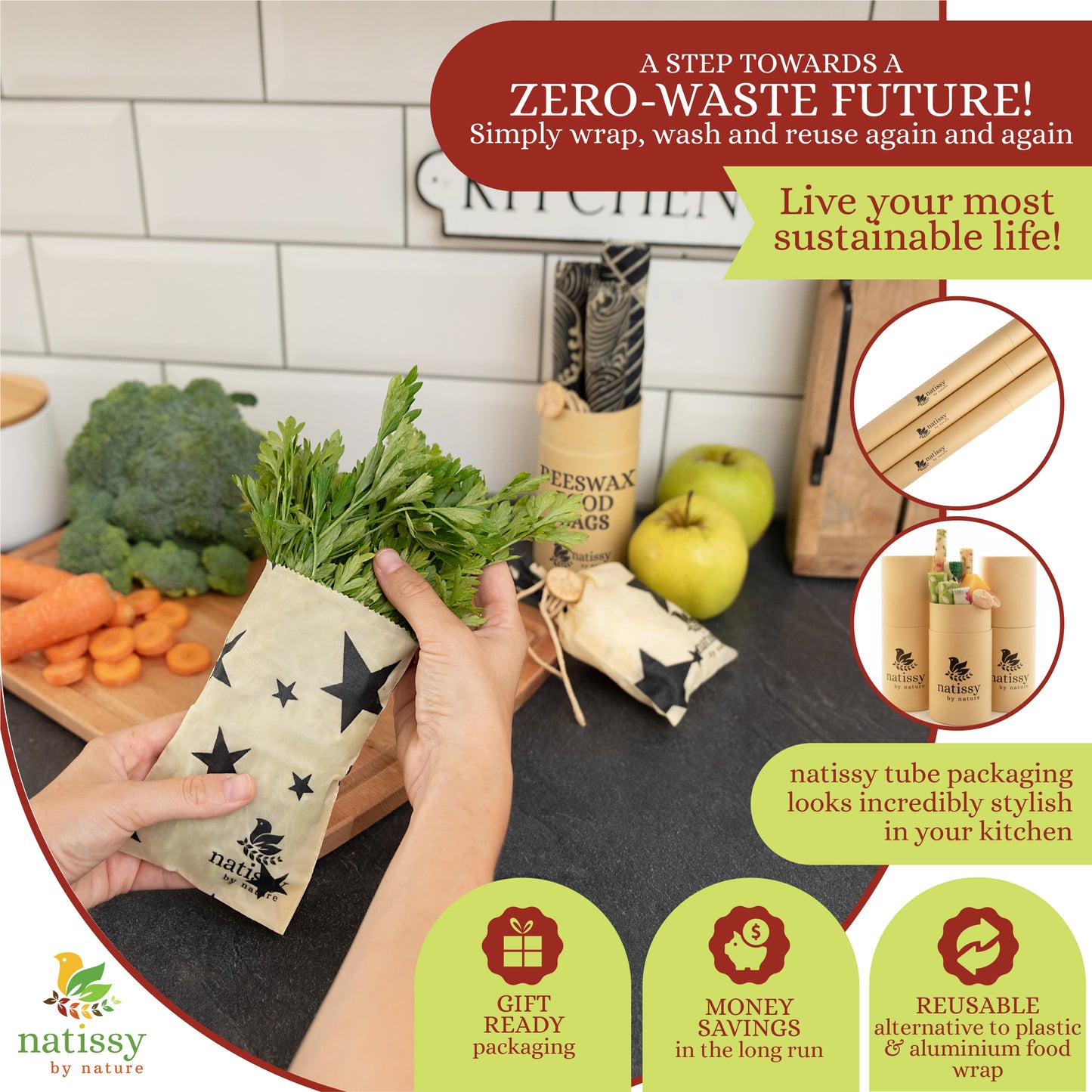 Beeswax Bags, Set of 4 Sustainable & Eco-Friendly Waxed Food Storage Bags - Black & White