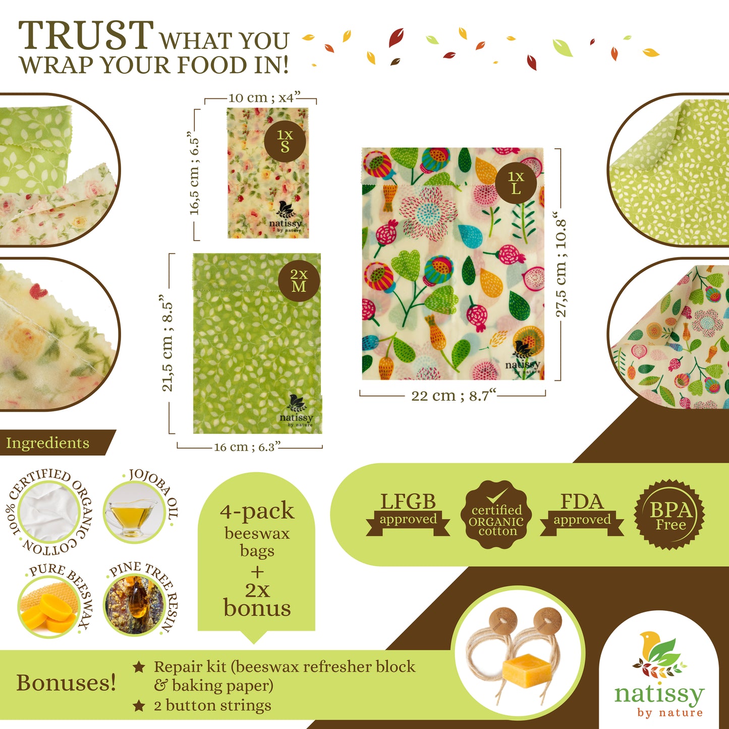 Beeswax Bags, Set of 4 Sustainable & Eco-Friendly Waxed Food Storage Bags - Flowers