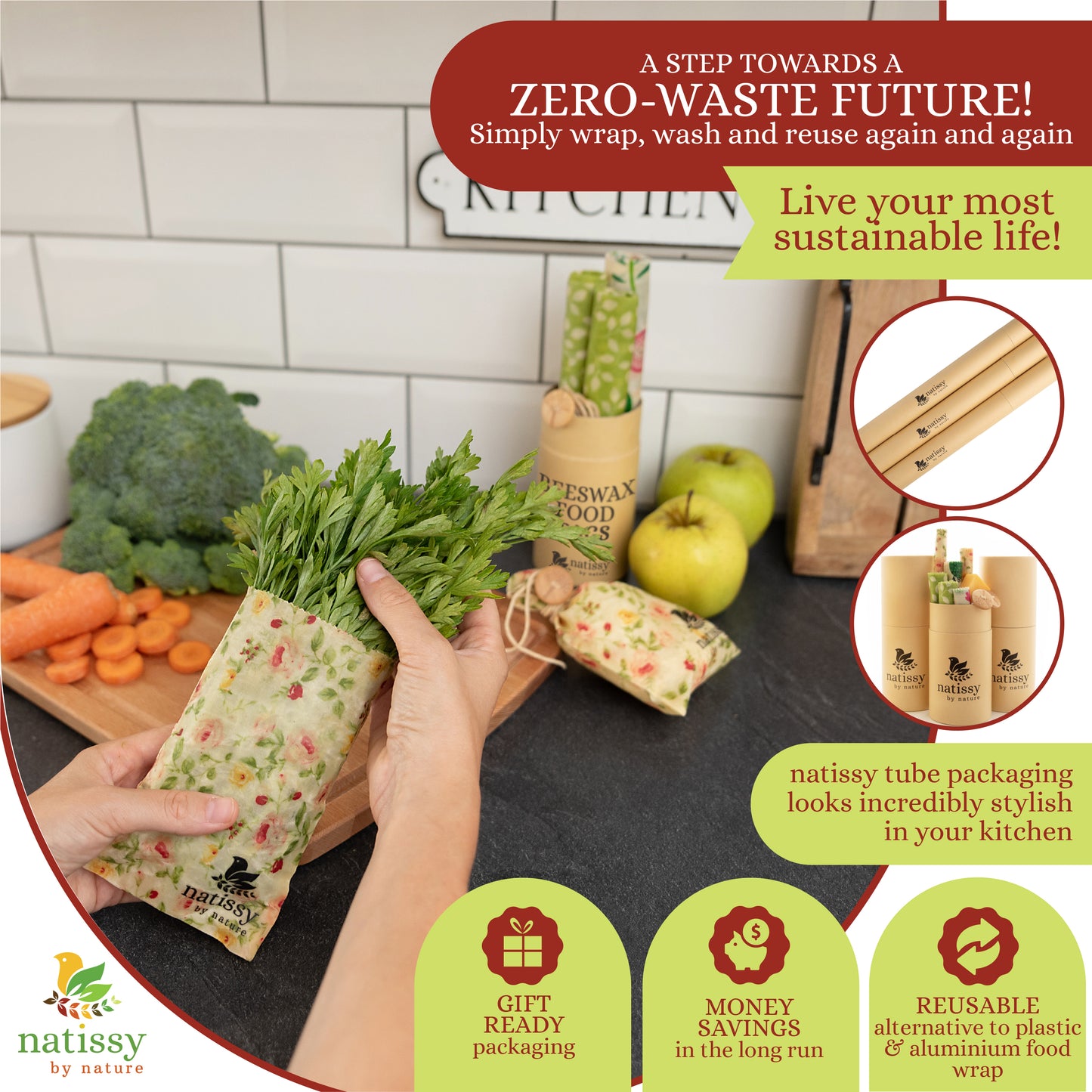 Beeswax Bags, Set of 4 Sustainable & Eco-Friendly Waxed Food Storage Bags - Flowers