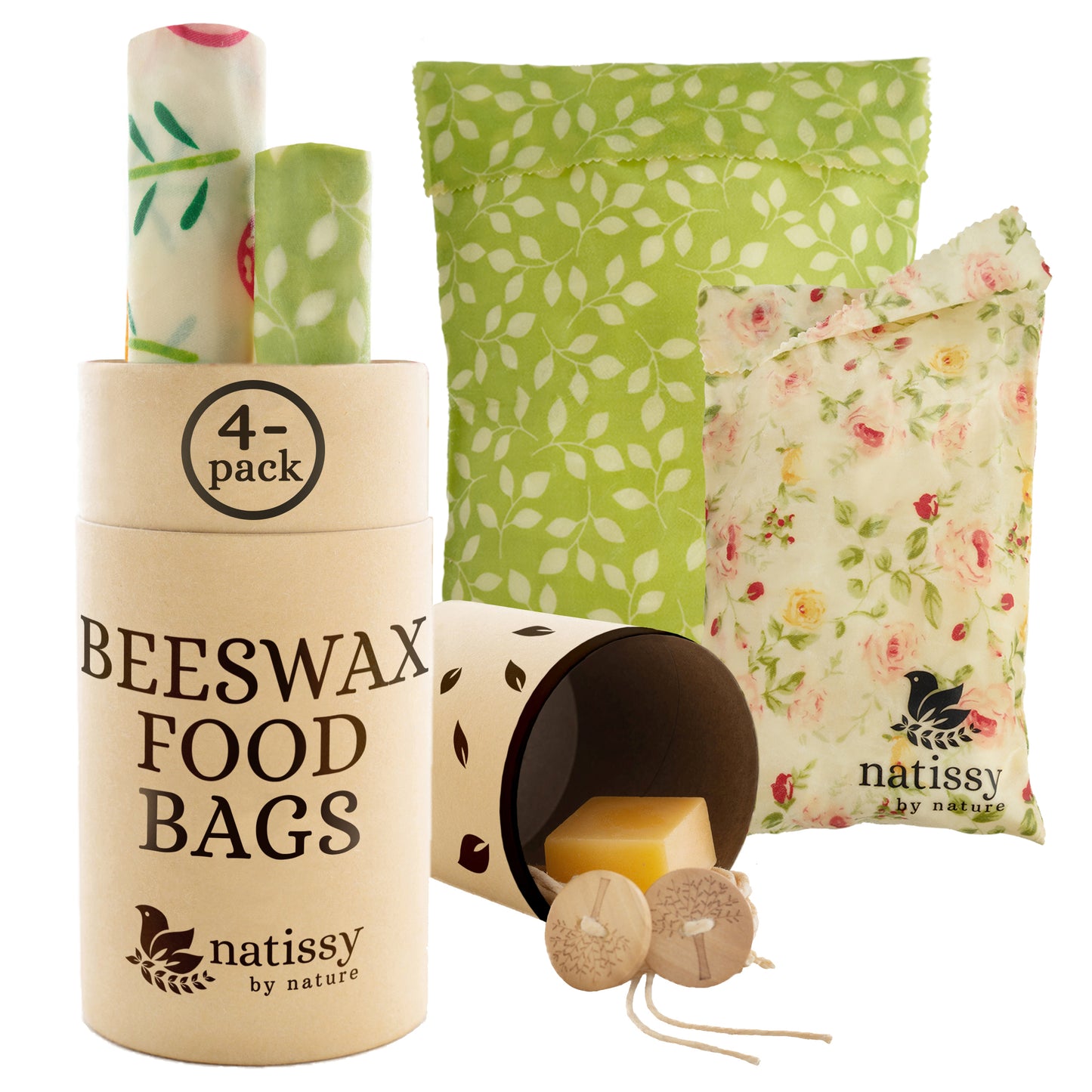 Beeswax Bags, Set of 4 Sustainable & Eco-Friendly Waxed Food Storage Bags - Flowers