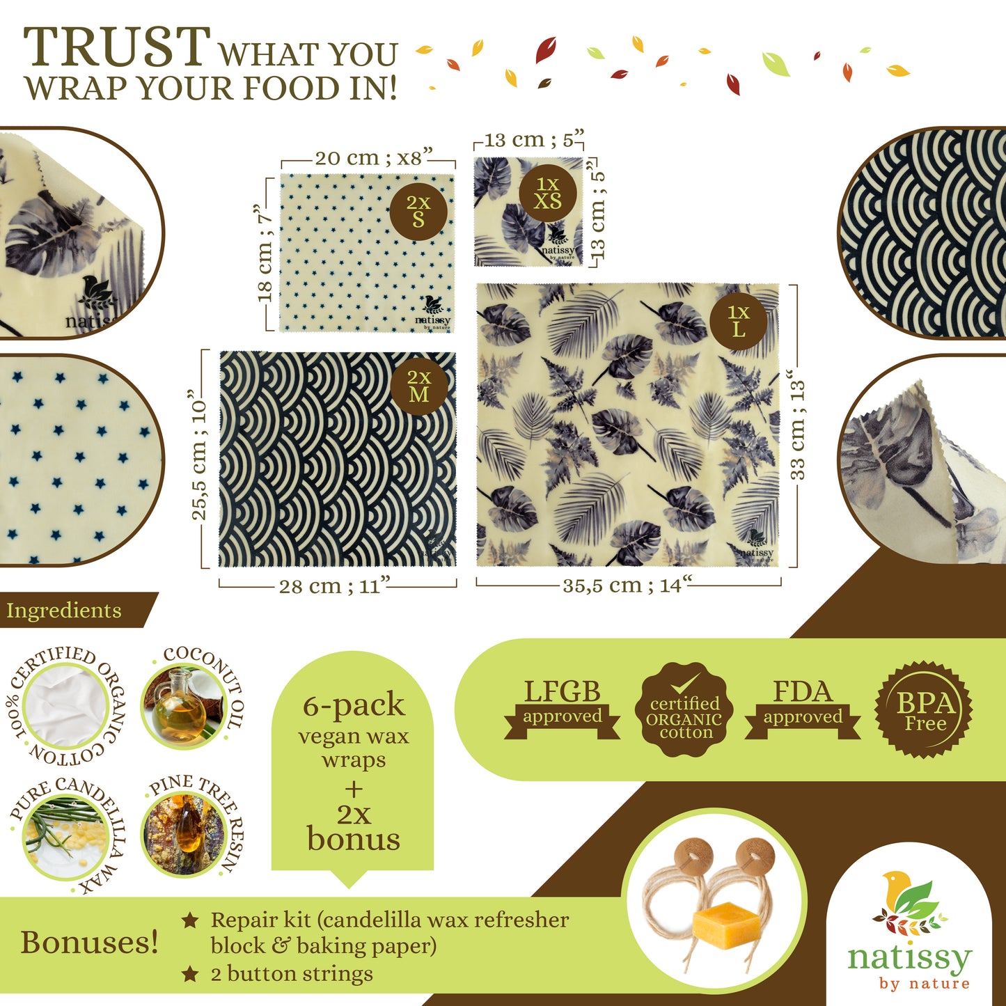 Vegan Wax Wraps, Set of 6 Sustainable & Eco-Friendly Waxed Food Storage Cloths - Black & White