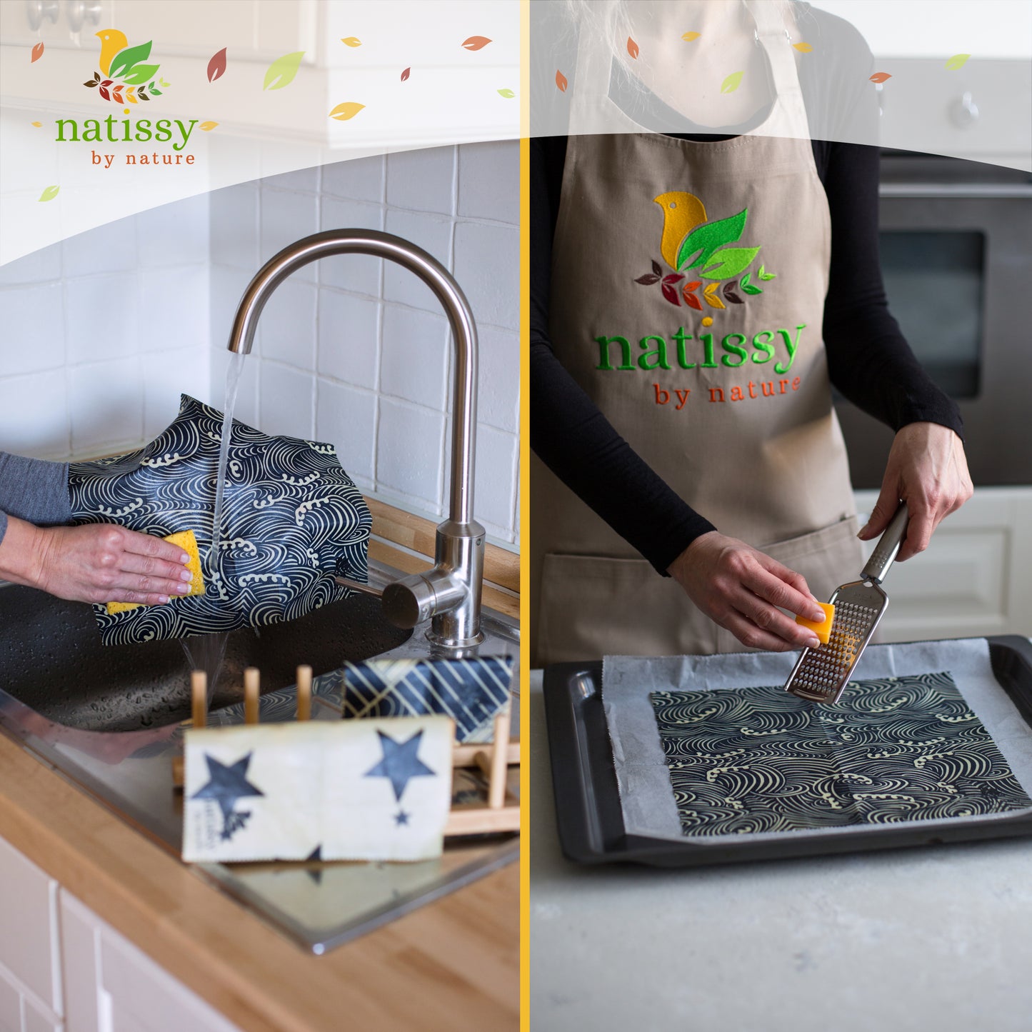 Vegan Wax Wraps, Set of 6 Sustainable & Eco-Friendly Waxed Food Storage Cloths - Black & White