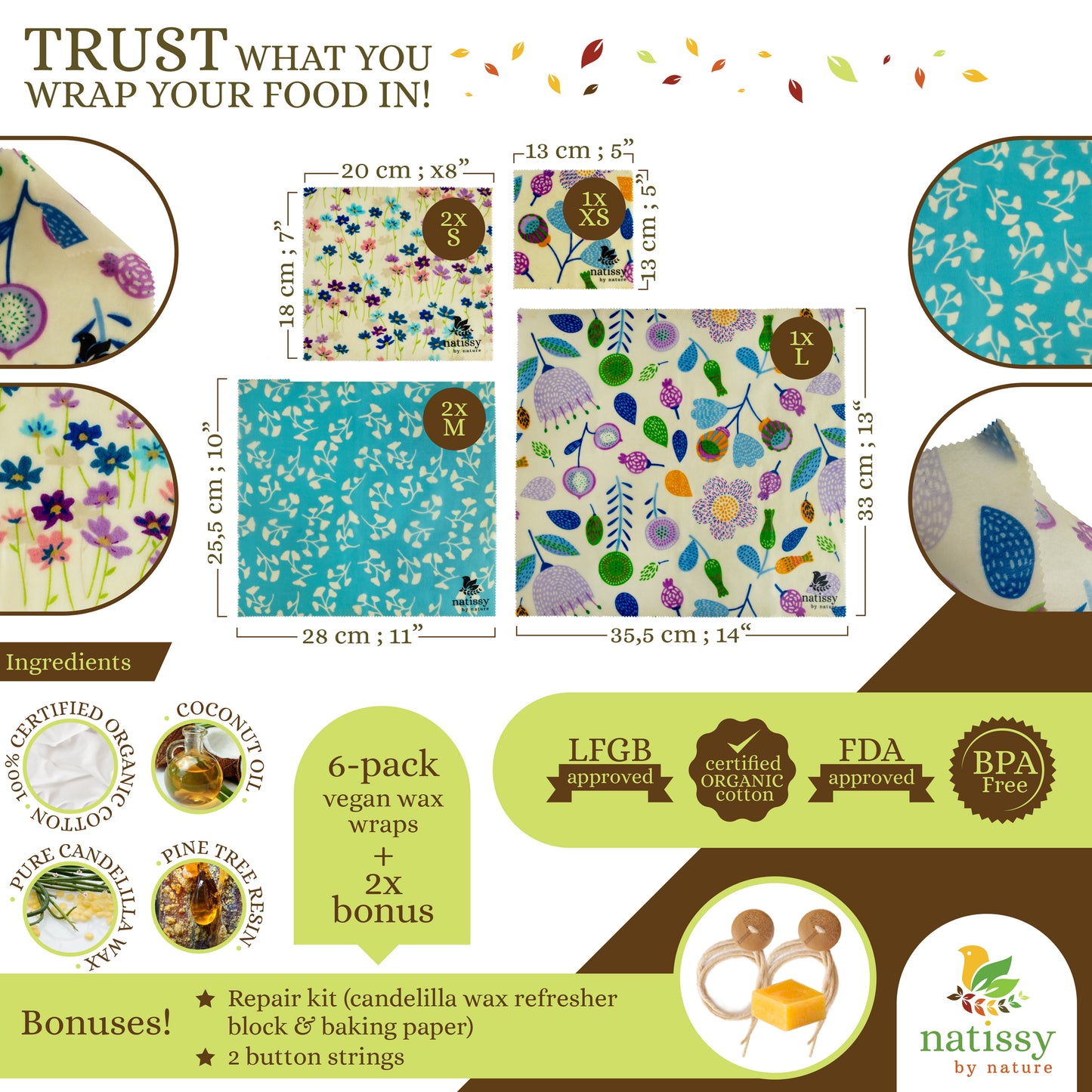 Vegan Wax Wraps, Set of 6 Sustainable & Eco-Friendly Waxed Food Storage Cloths - Flowers