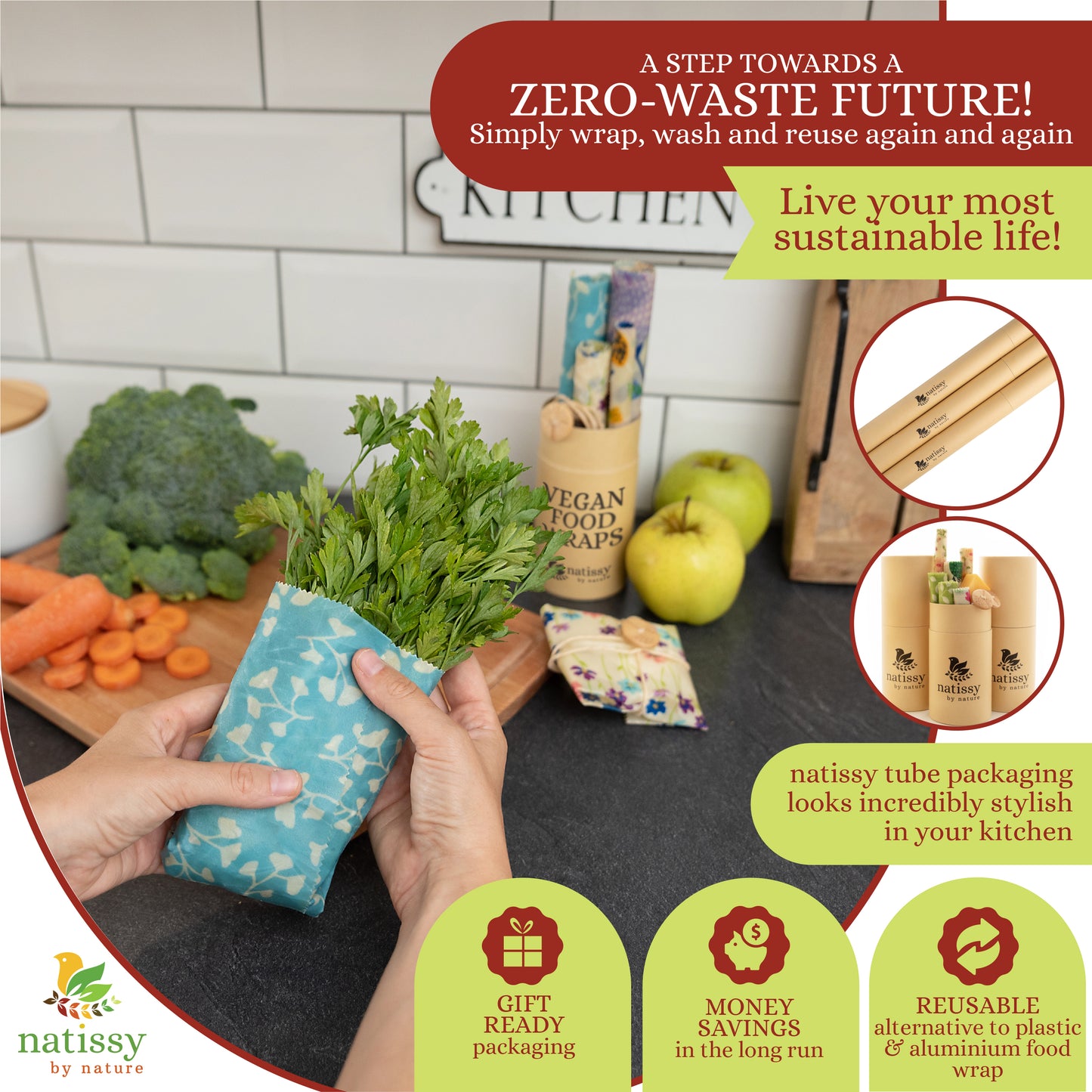 Vegan Wax Wraps, Set of 6 Sustainable & Eco-Friendly Waxed Food Storage Cloths - Flowers