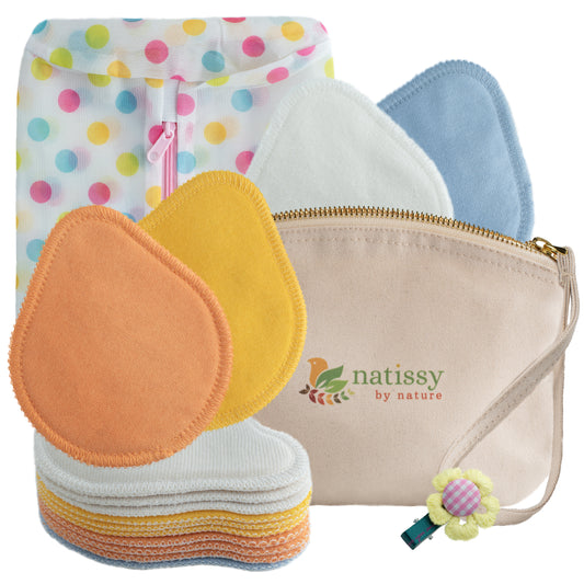 Washable Organic Cotton Nursing Breast Pads, 14-Pack of Soft Reusable Breastfeeding Pads; Eco Friendly Leak Proof Nipple Cloth for Mothers with Sensitive Skin; Laundry & Storage bags; Baby Shower Gift