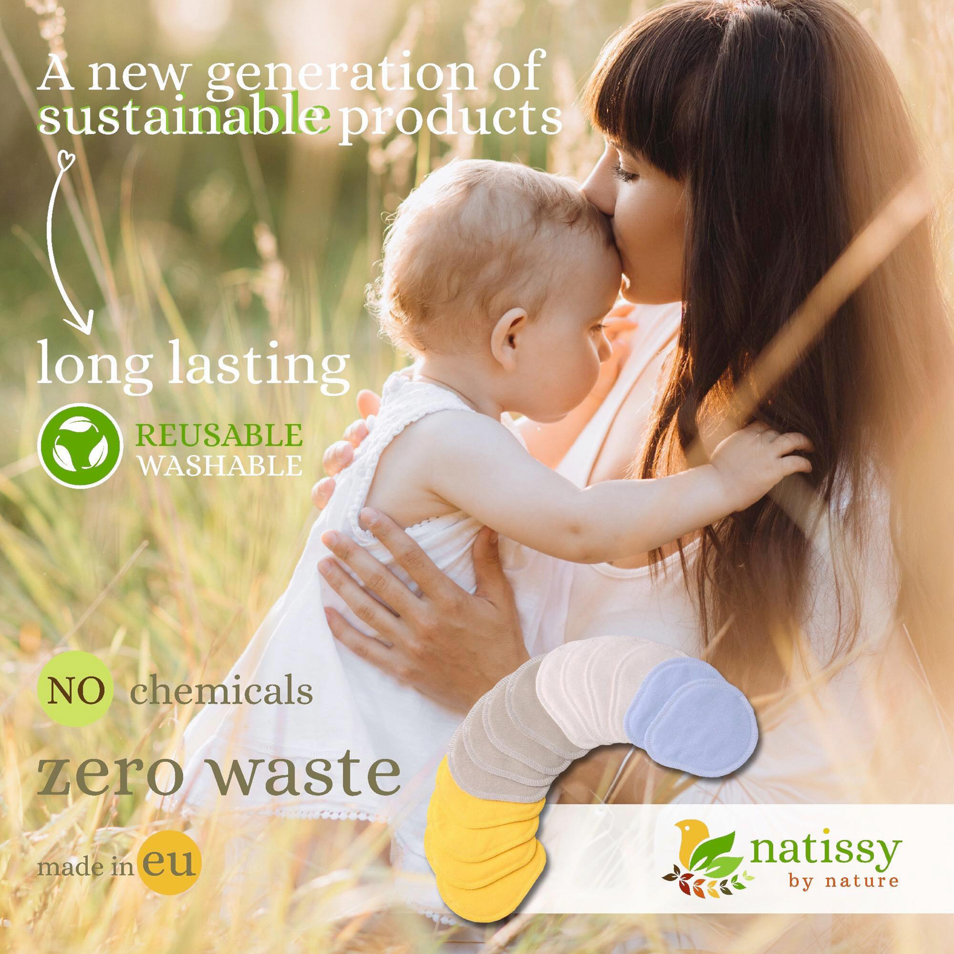 Washable Organic Cotton Nursing Breast Pads, 14-Pack of Soft Reusable Breastfeeding Pads; Eco Friendly Leak Proof Nipple Cloth for Mothers with Sensitive Skin; Laundry & Storage bags; Baby Shower Gift