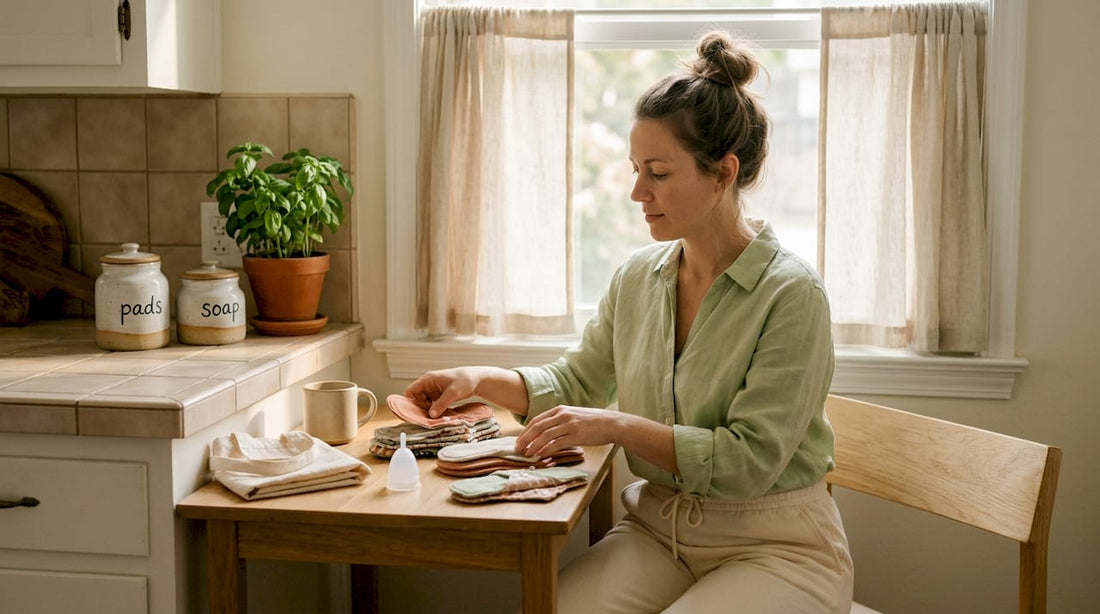 Woman organizing reusable menstruation products
