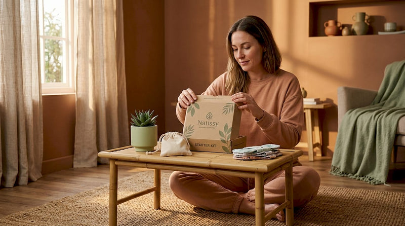 Woman opening reusable pad starter kit in living room