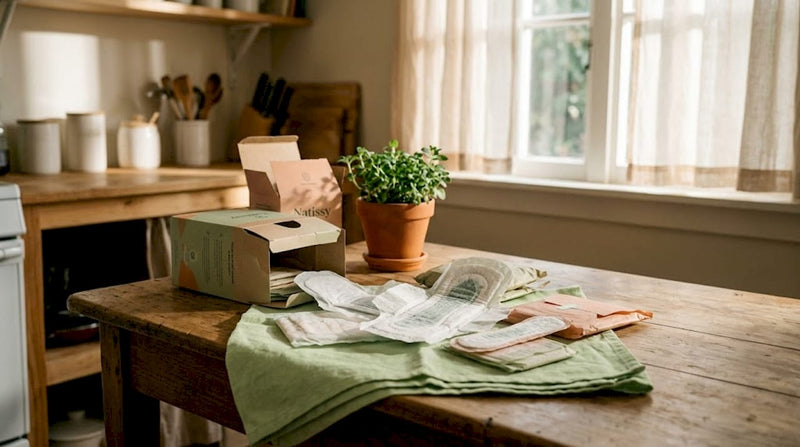 Studio scene of disposable pads with packaging waste