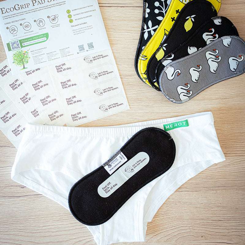 Wingless Reusable Sanitary Pads with Adhesive Sticker for Light Flow (S+M, 6-Pack) - Flower