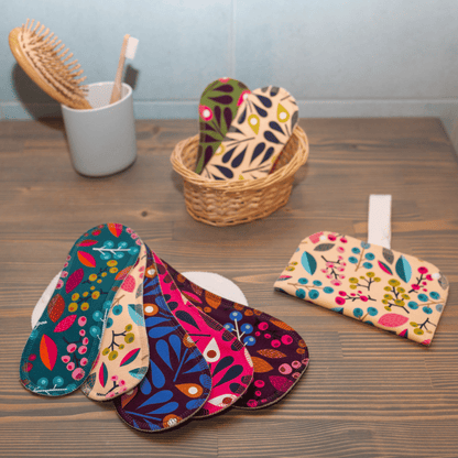Organic Cotton Reusable Menstrual Pads with Wings 6-Pack (Sizes L & XL) - Grapes & Peacock (white wings)