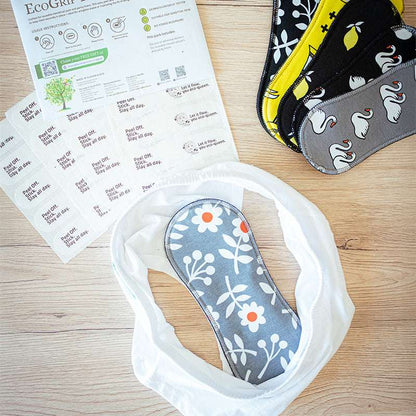 Wingless Reusable Sanitary Pads with Adhesive Sticker for Light Flow (S+M, 6-Pack) - Flower