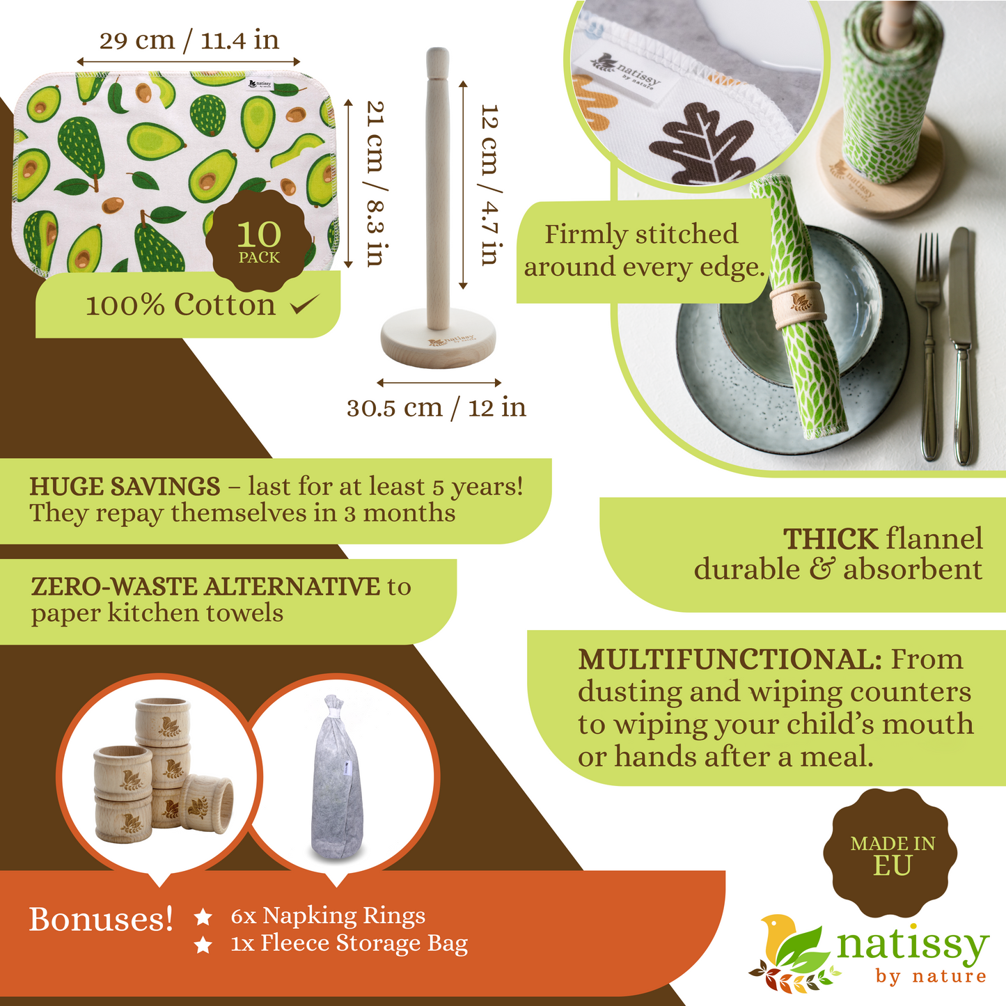Reusable Paperless Kitchen Towels, Roll of 10 Washable Cotton Cloth Wipes MADE IN EU, Eco-Friendly Paper Towel Cleaning Alternative; Ultra Absorbent, Super Strong, Tear-Resistant & Multipurpose Paperless Replacement