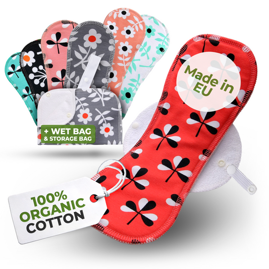 Organic Cotton Reusable Menstrual Pads with Wings Multipack (Sizes S, M, L, XL) - Flowers (white wings)