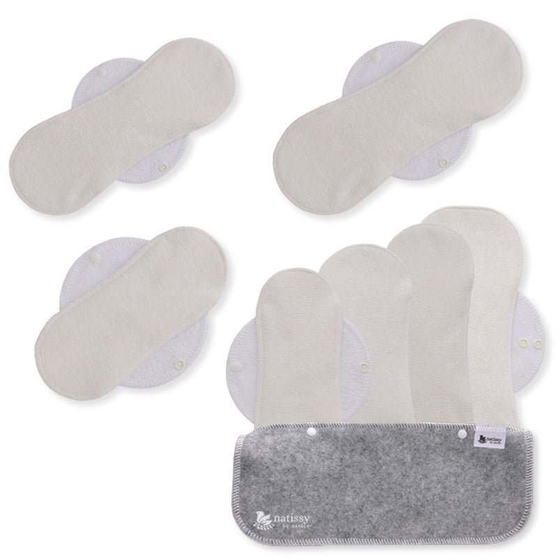 Reusable Menstrual Pads, 7-Pack Bamboo Reusable Sanitary Towels with Wings (sizes S, M, L, XL), MADE IN EU, for Menstrual Periods, Incontinence, Postpartum Flow; EXTRA Double Wet Bag with Strap; Washable Menstrual Cloth